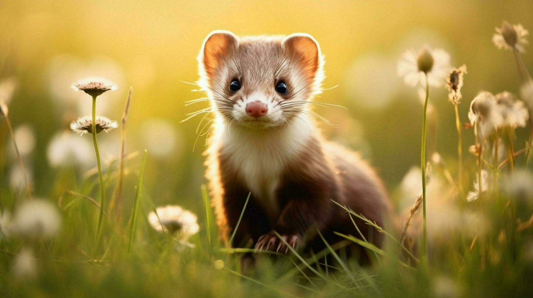 a cute small mammal a ferret sitting in the grass photo