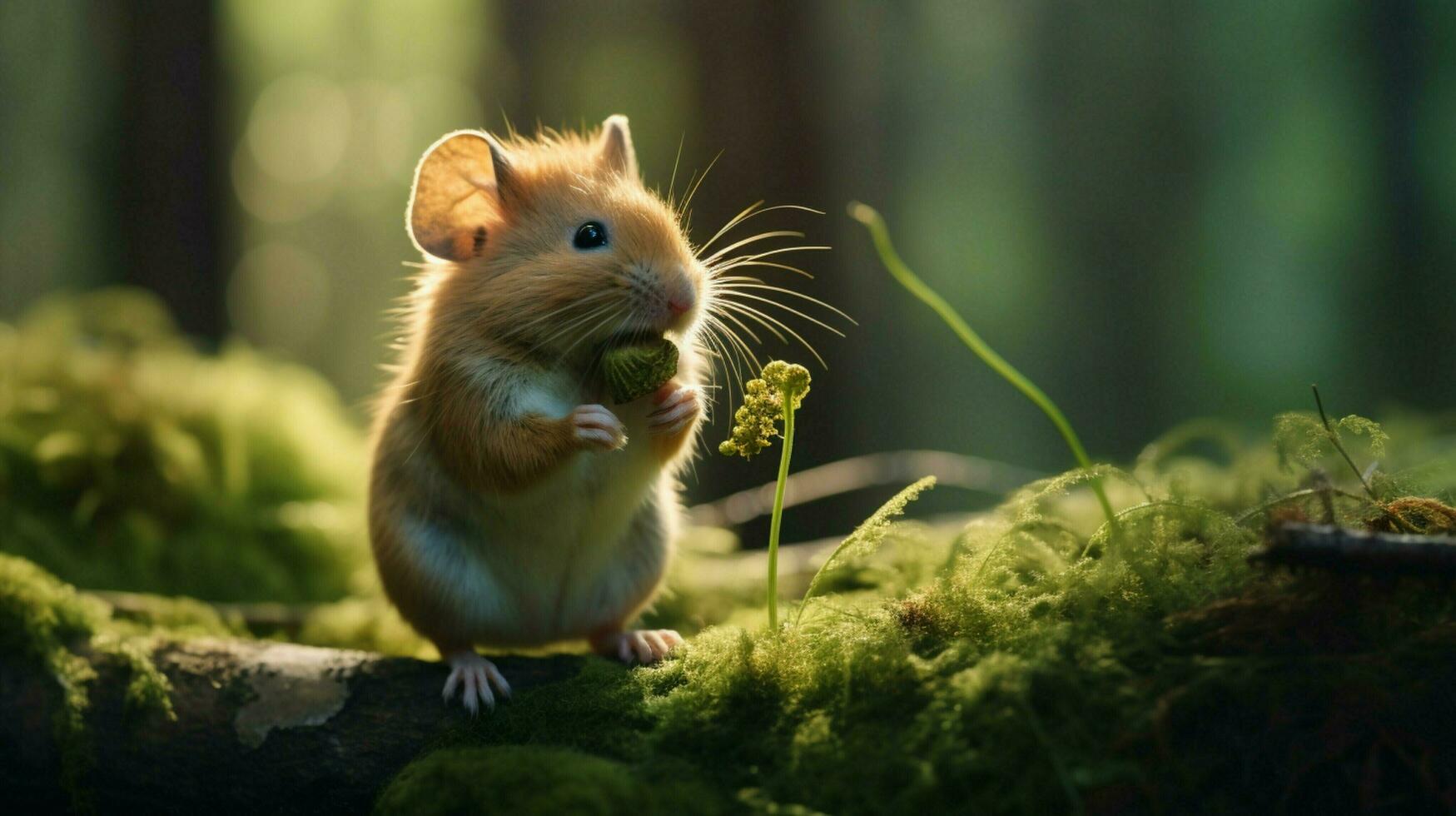un linda pequeño roedor comiendo en el bosque mirando mullido foto