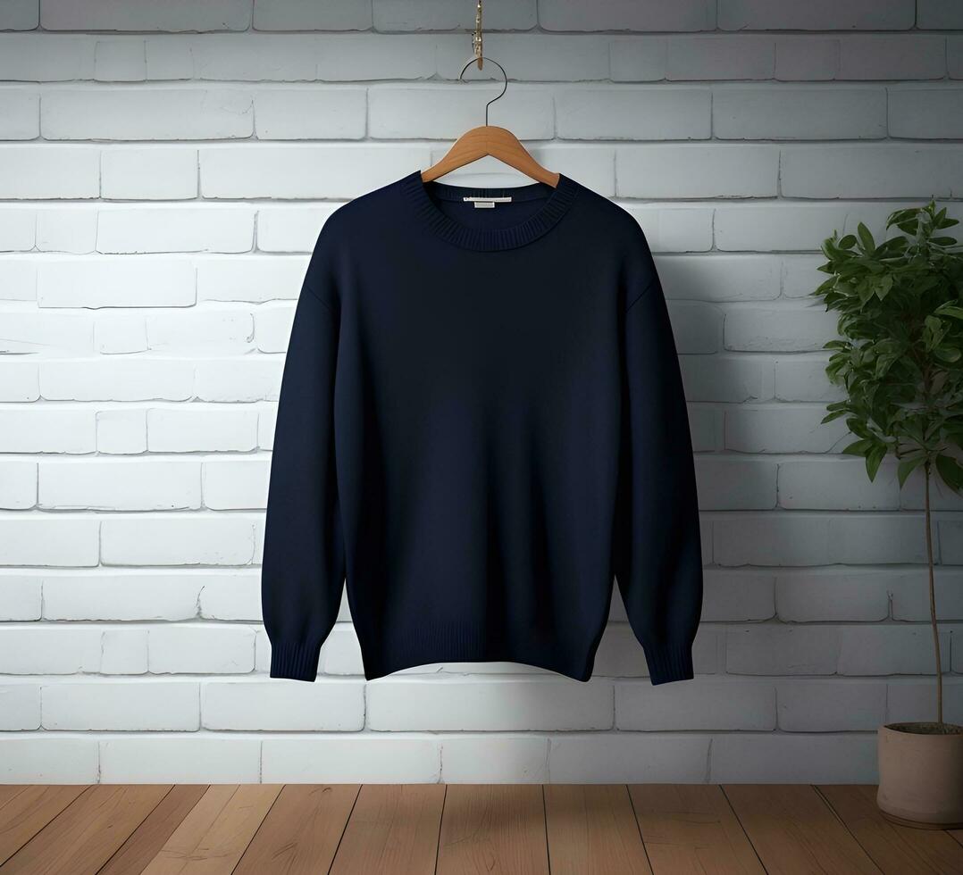 Hanging black sweater Mockup With brick Background ai generate photo