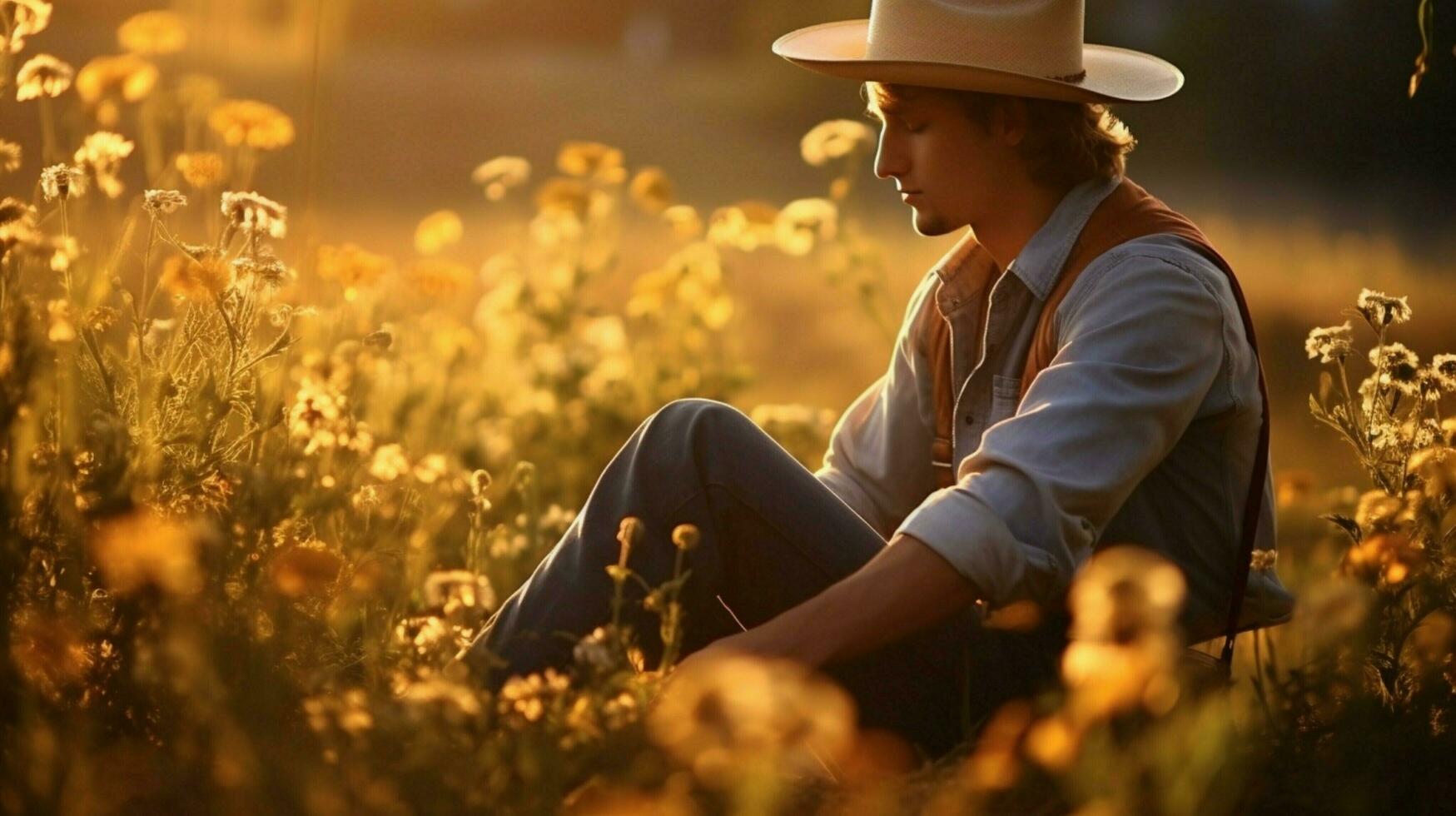 un granjero en un Paja sombrero disfruta naturaleza cierne belleza foto