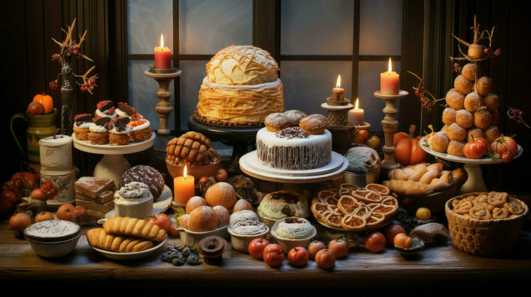 a festive table of baked goods in various shapes and color photo