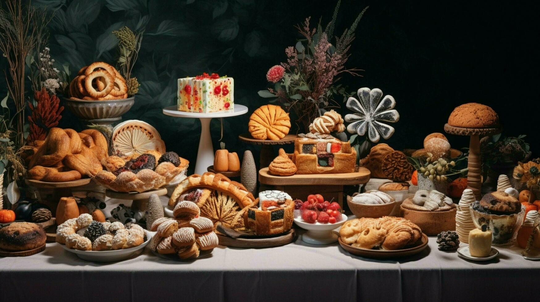 a festive table of baked goods in various shapes and color photo
