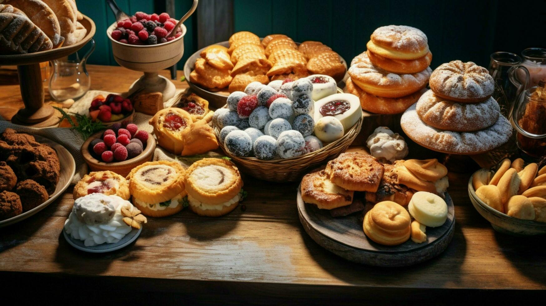 a festive table of baked goods in various shapes and color photo