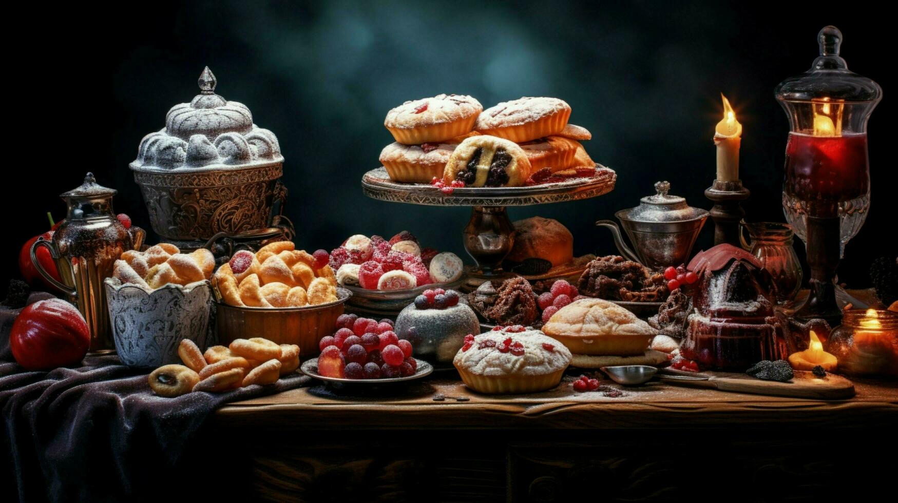 a festive table of baked goods in various shapes and color photo