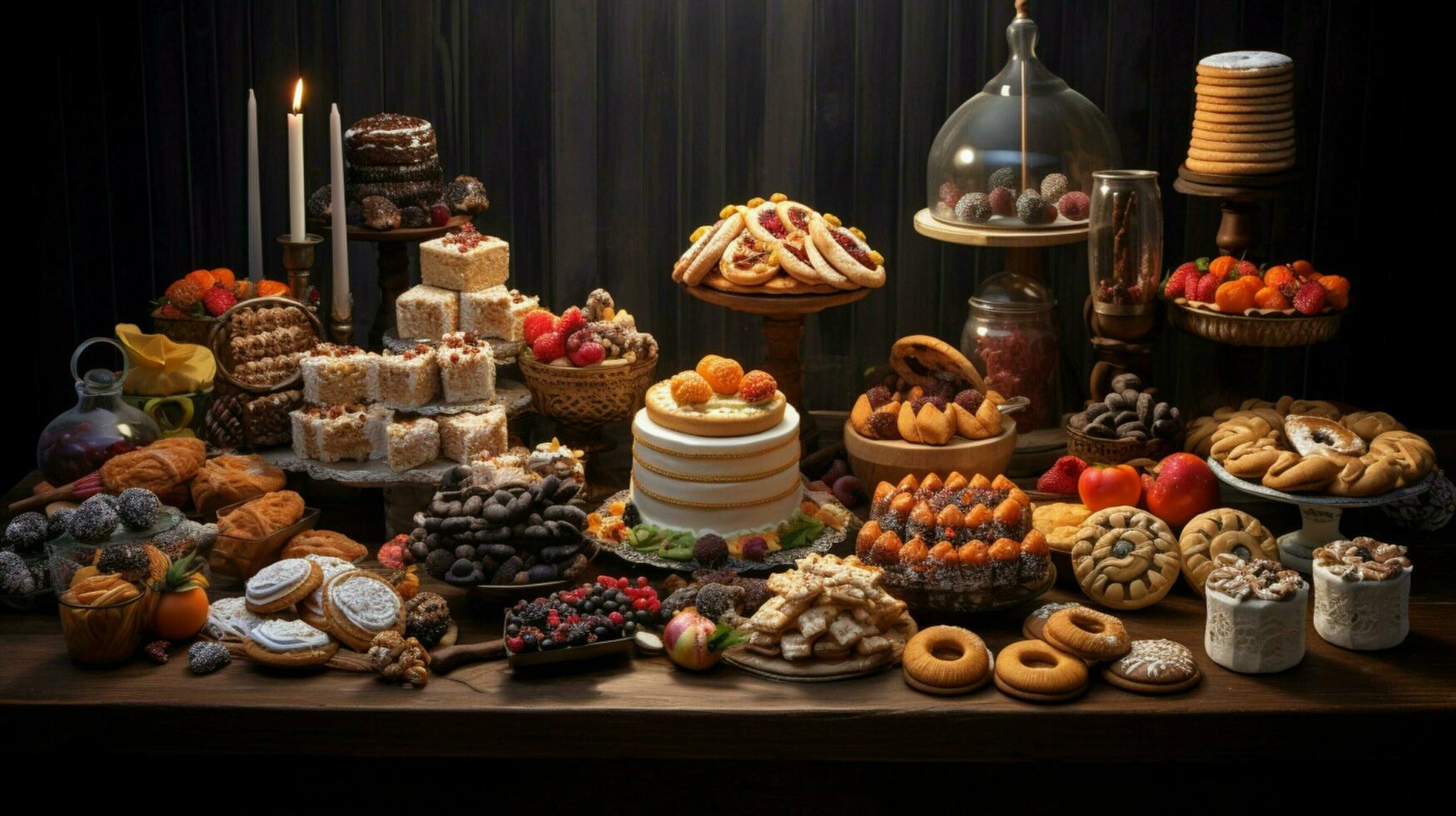 a festive table of baked goods in various shapes and color photo