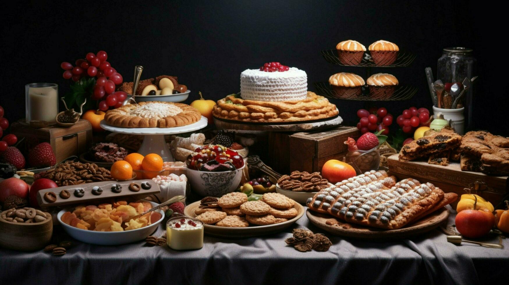 a festive table of baked goods in various shapes and color photo