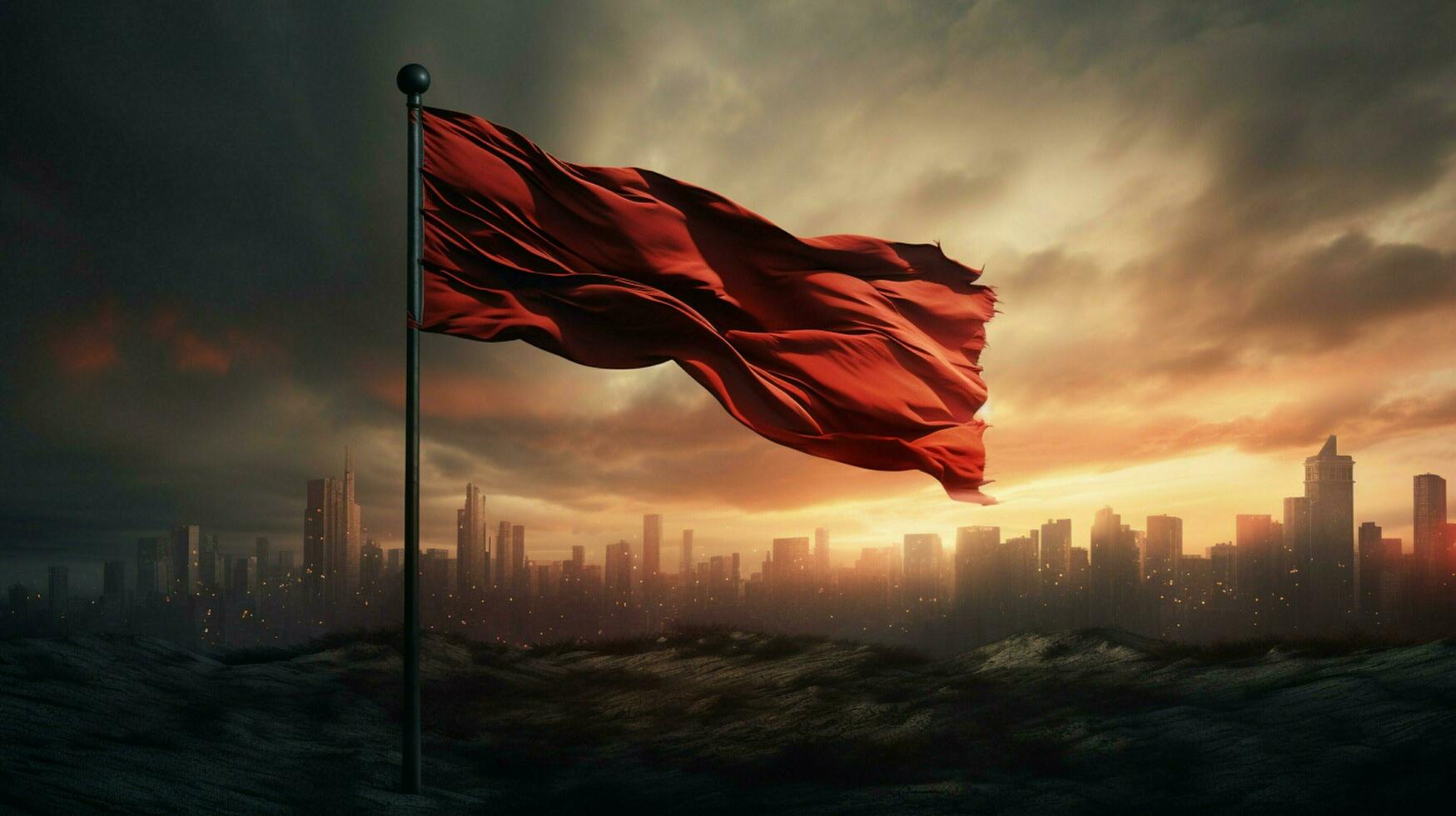 a flag flies in front of a city skyline photo