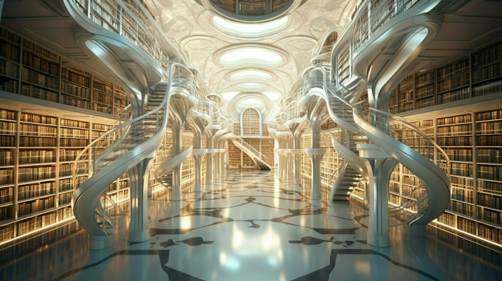 a futuristic library with shelves in symmetry photo