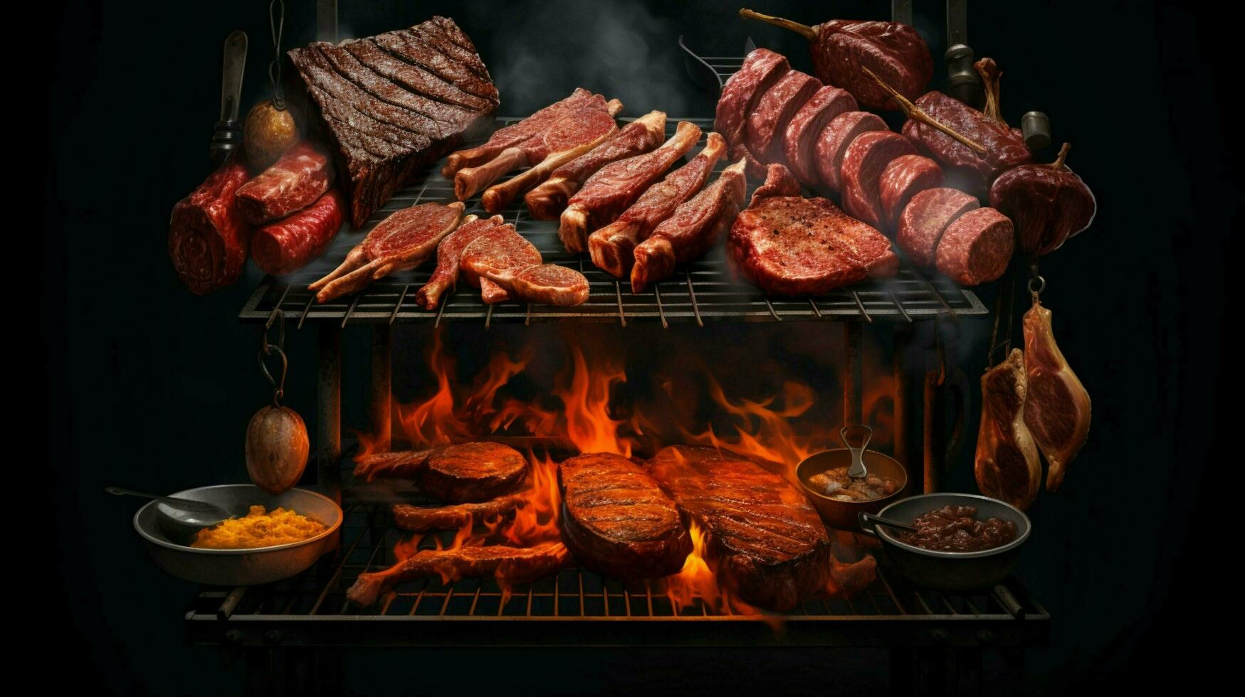 un parrilla con un variedad de carnes en eso foto