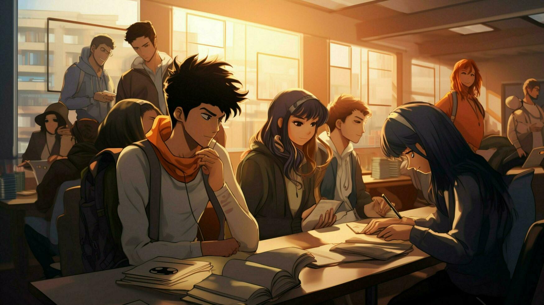 un grupo de estudiantes estudiando en un salón de clases enfocado foto