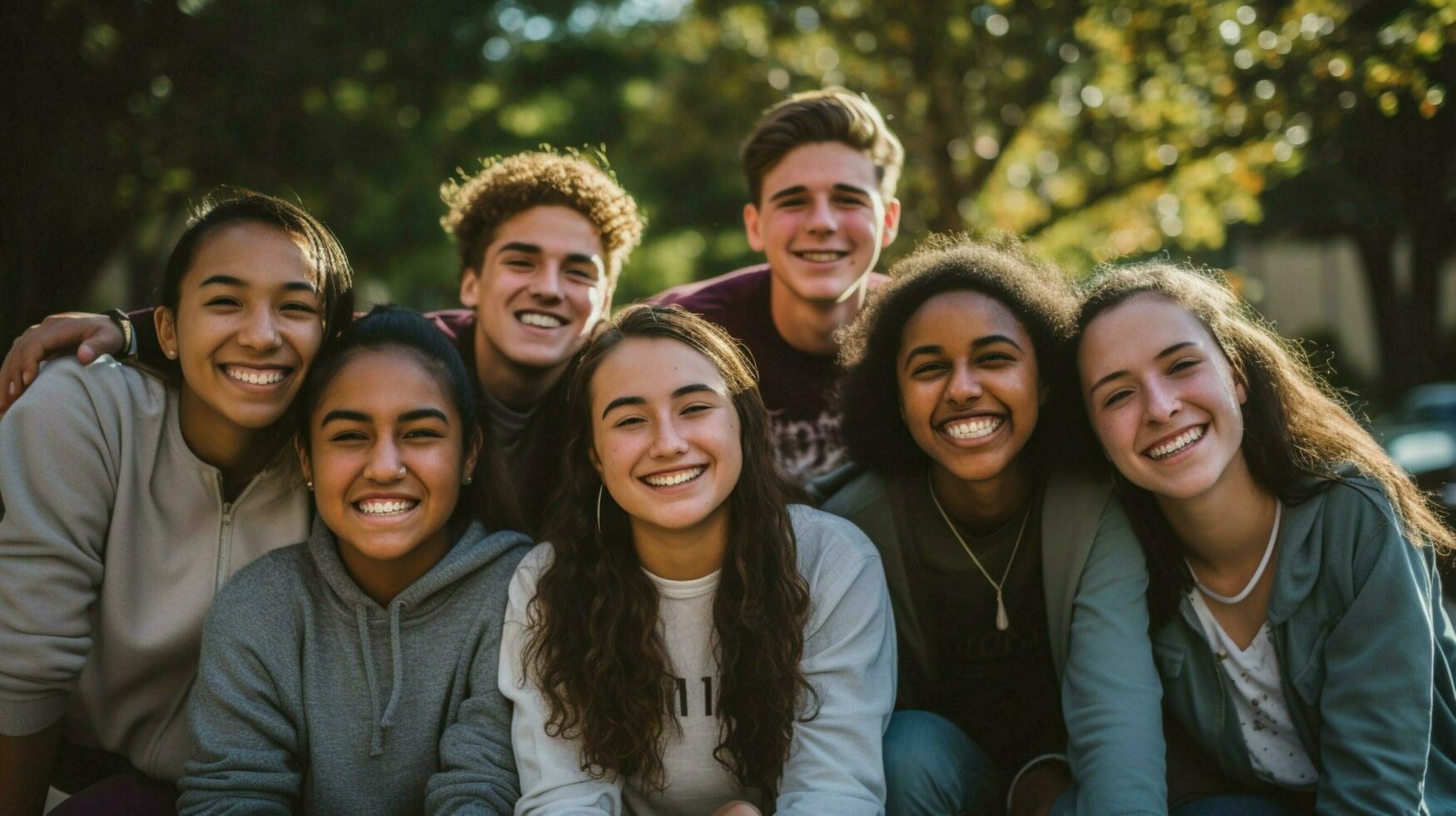 un grupo de joven adultos al aire libre sonriente y mirando foto