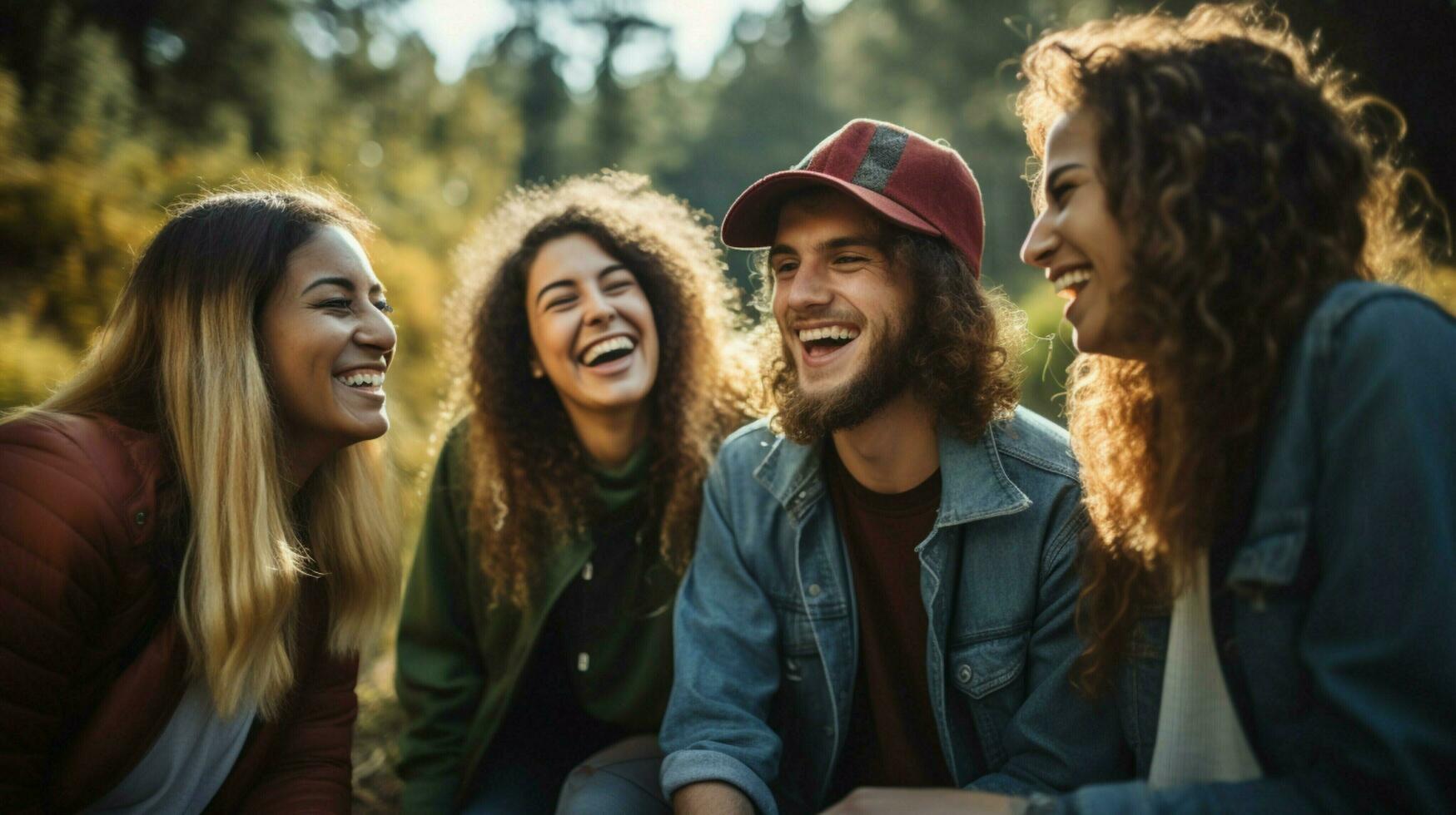 un grupo de joven adultos sonriente al aire libre disfrutando naturaleza foto