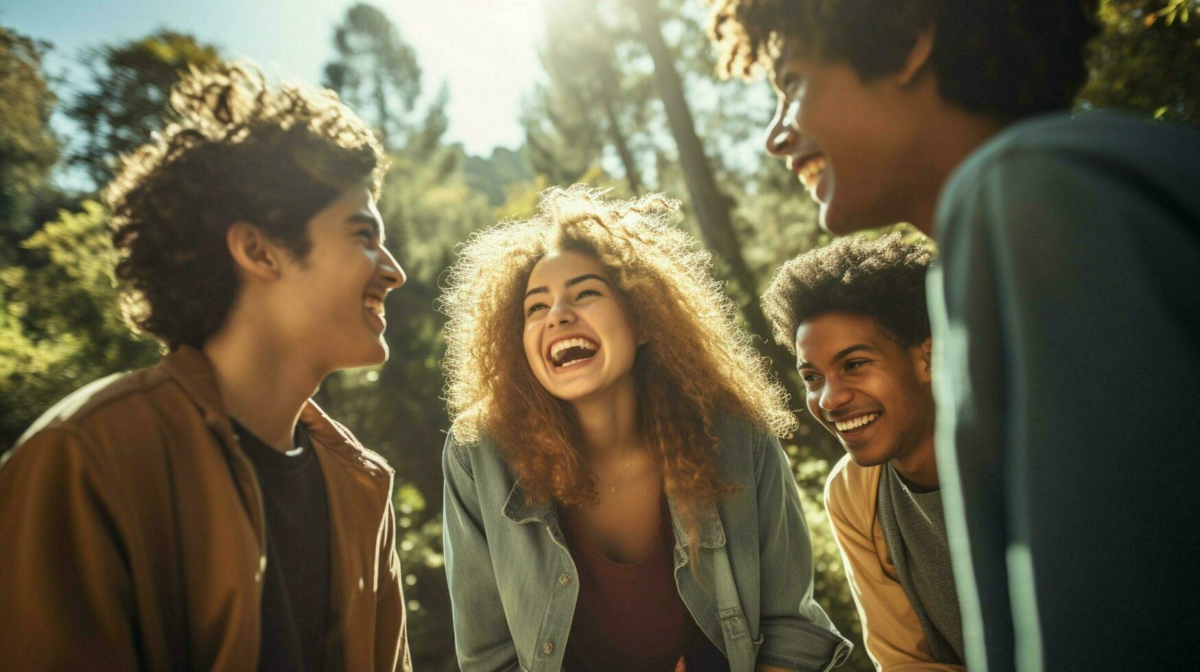 un grupo de joven adultos sonriente al aire libre disfrutando naturaleza foto