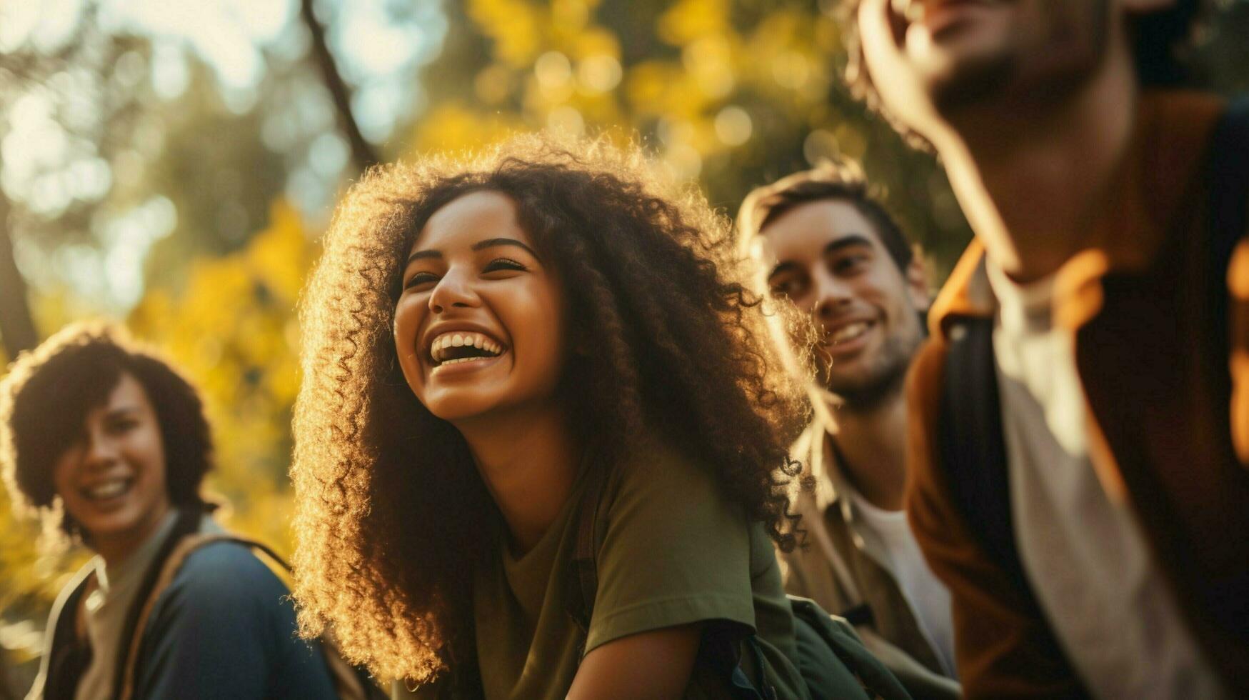 un grupo de joven adultos sonriente al aire libre disfrutando naturaleza foto