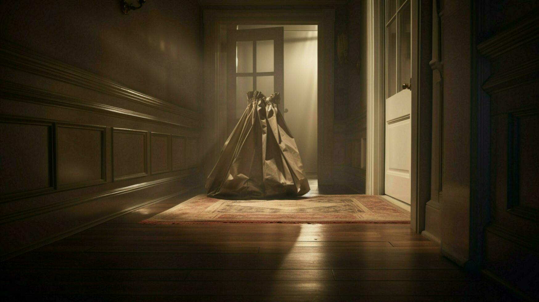 a hallway with a bag on the floor photo