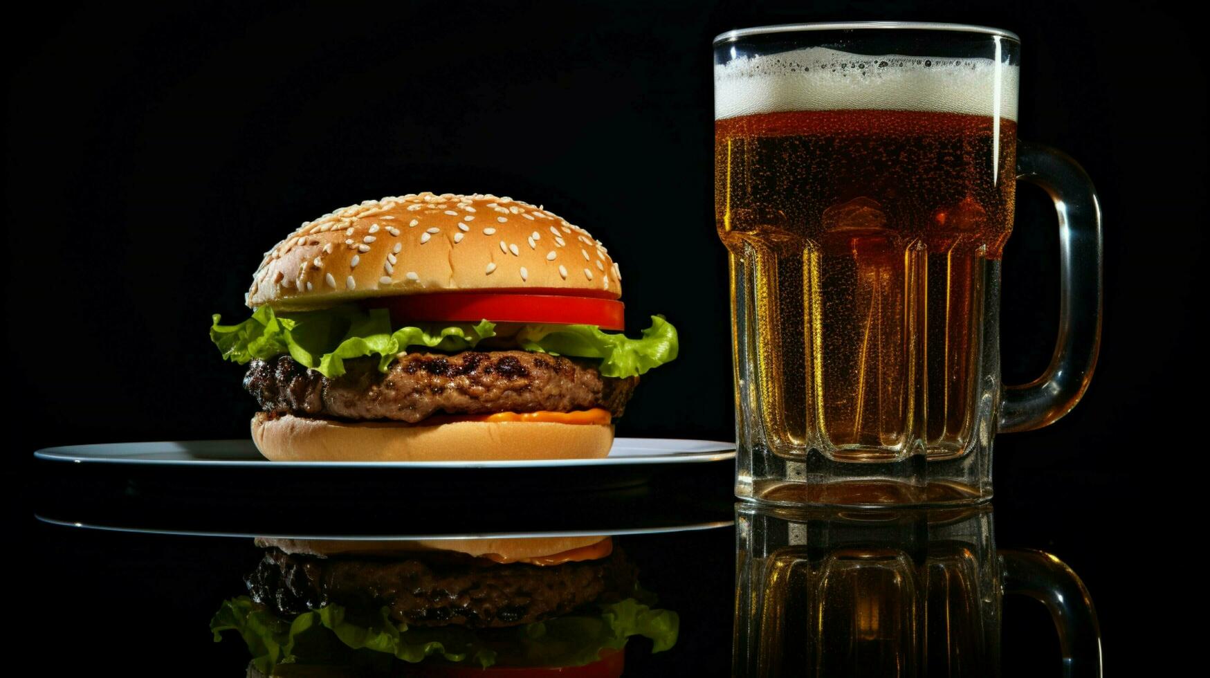 a hamburger with a glass of water on the side photo