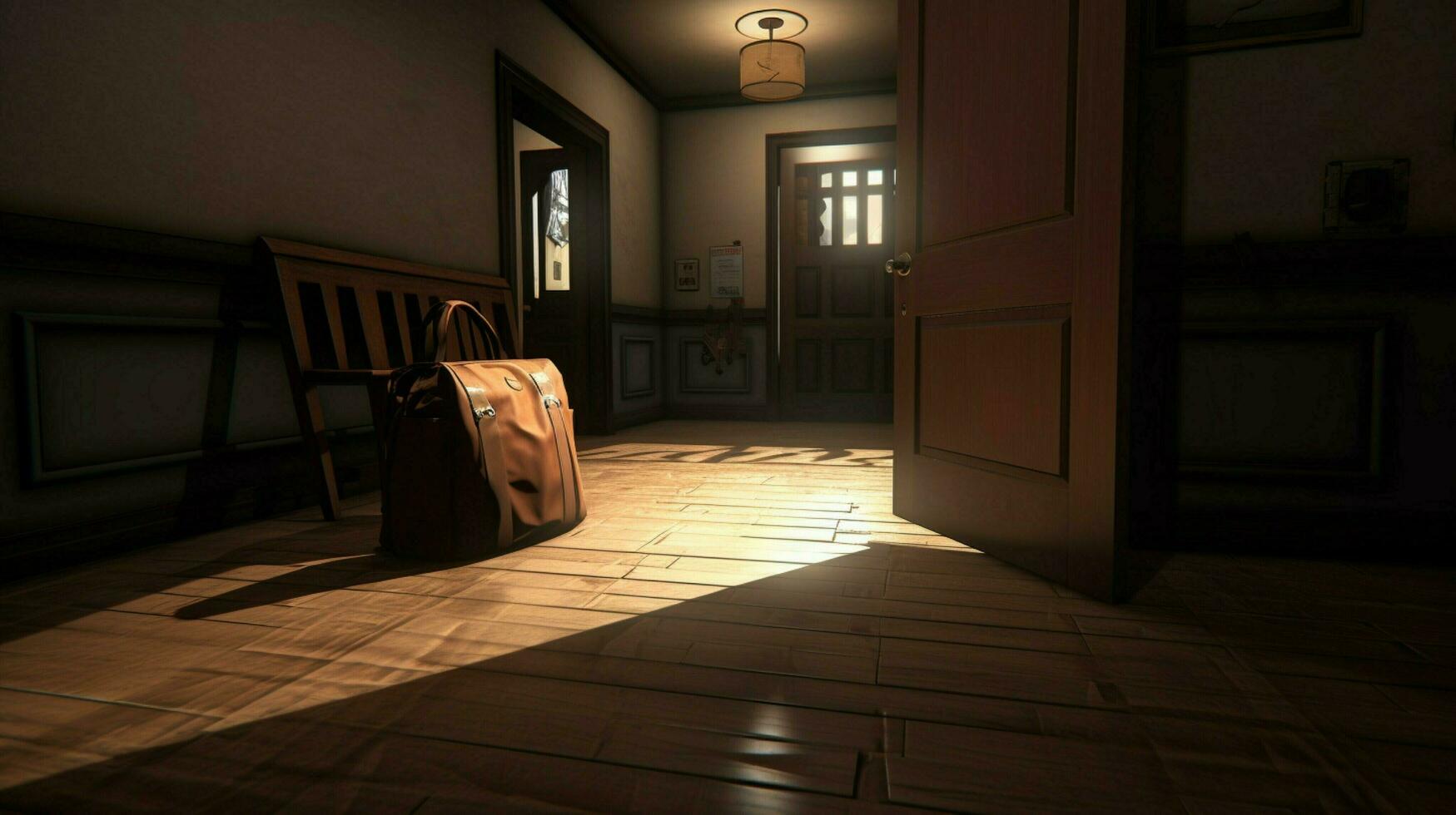 a hallway with a bag on the floor photo