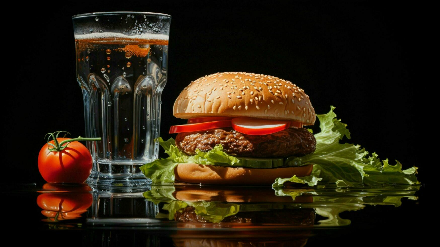 a hamburger with a glass of water on the side photo