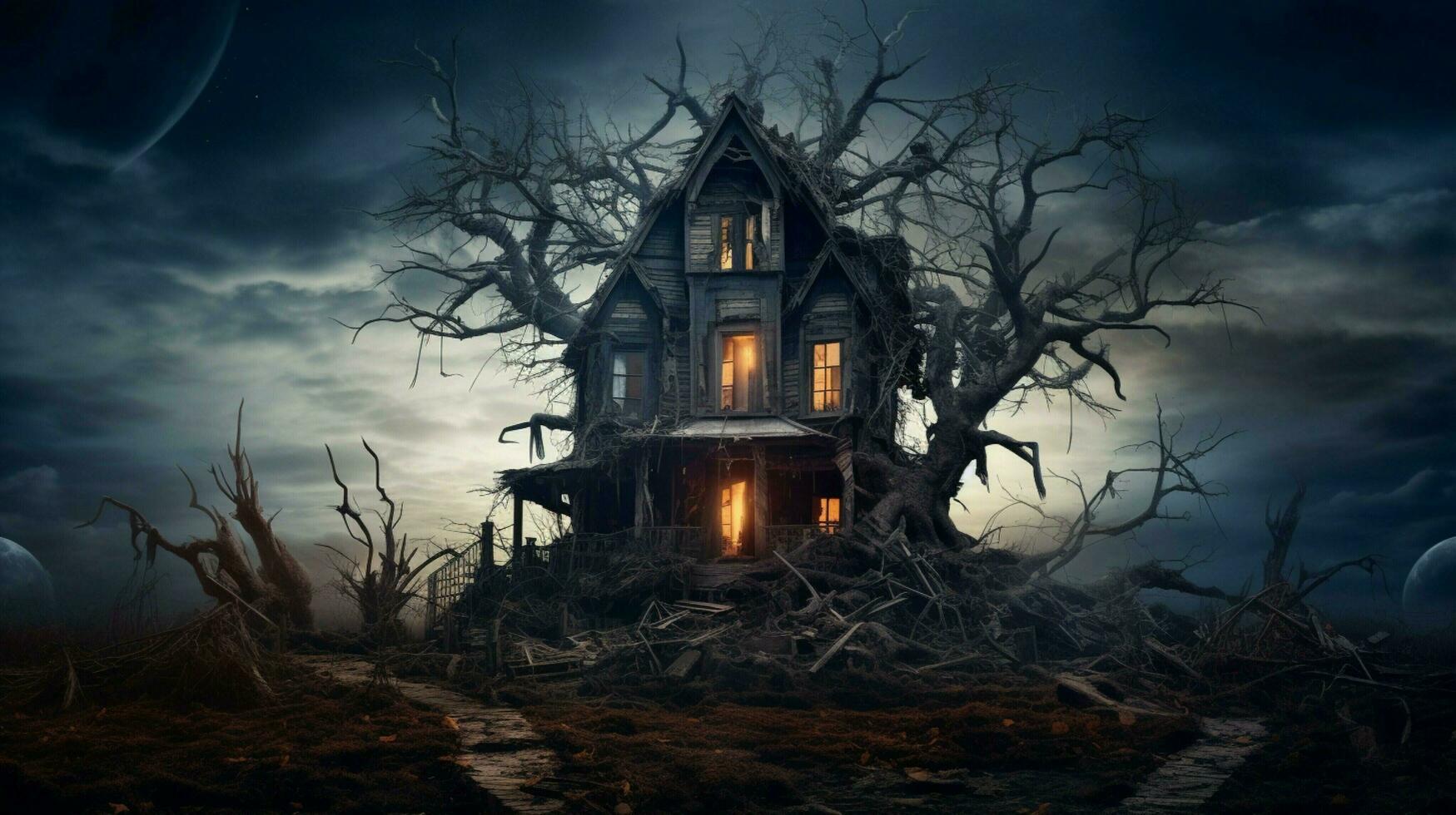 a haunted house with a tree in the middle photo