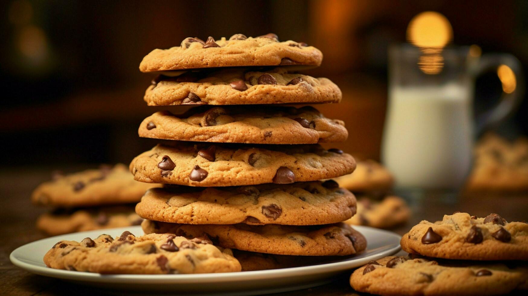 un hecho en casa gastrónomo postre un apilar de chocolate chip cocinar foto