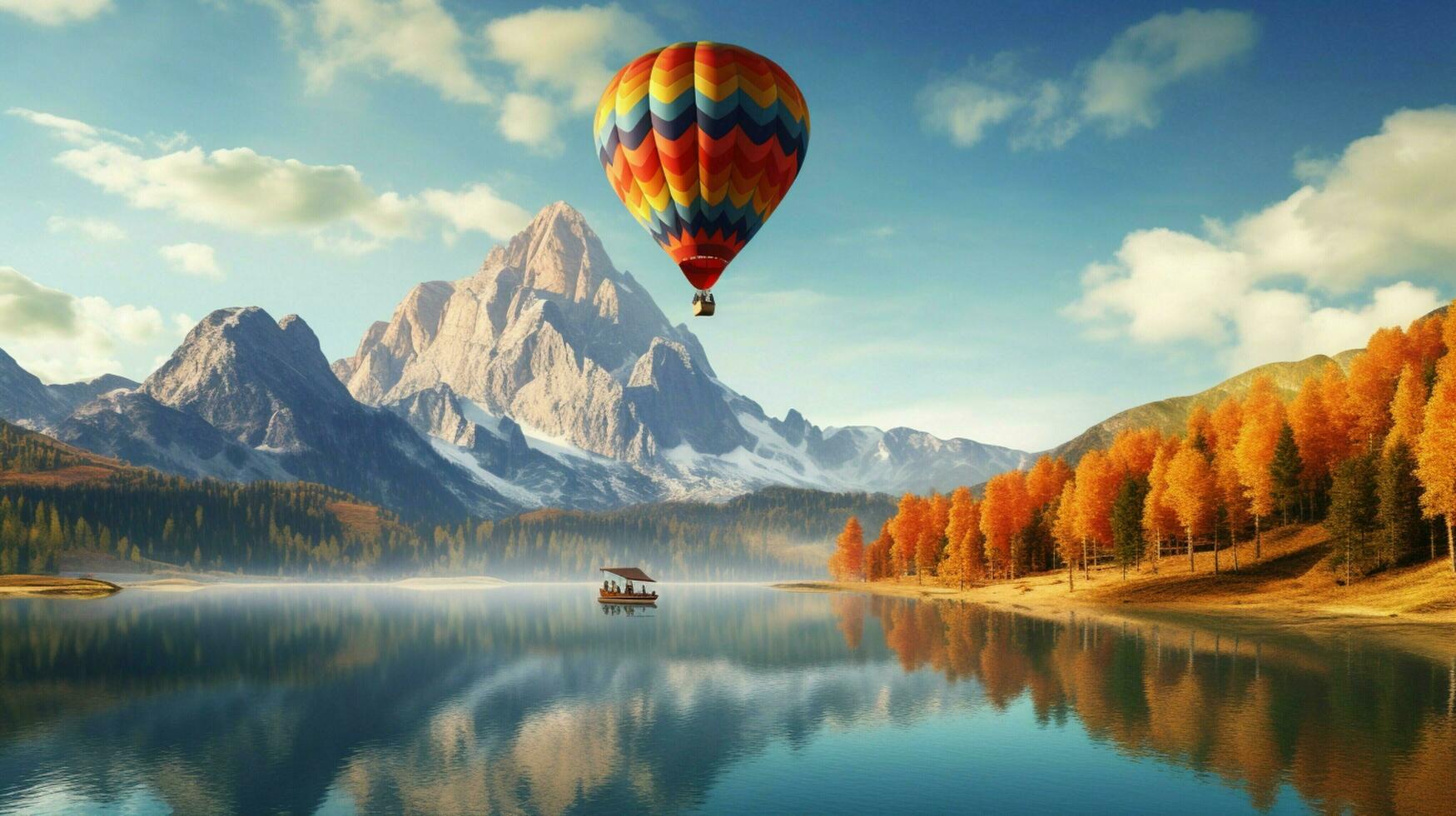 a hot air balloon flying over a lake with mountains photo