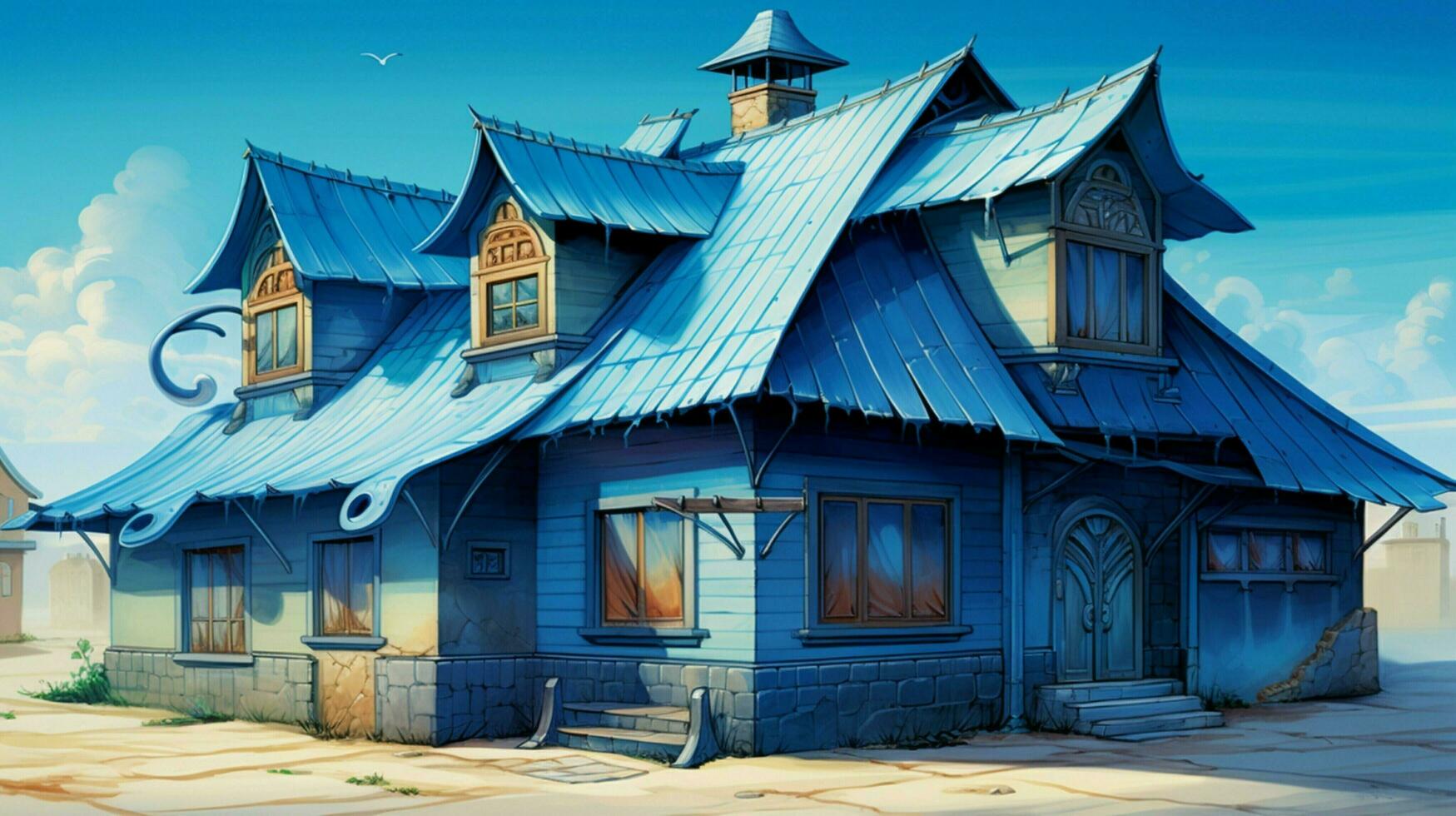 a house with a blue roof and a blue roof photo