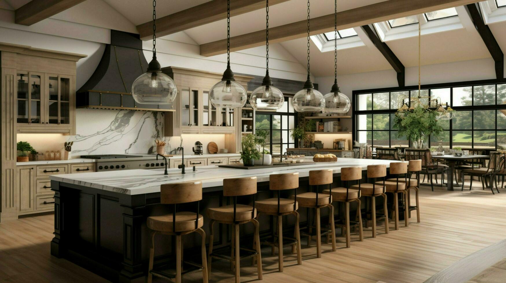a kitchen with a large island with a light fixture photo