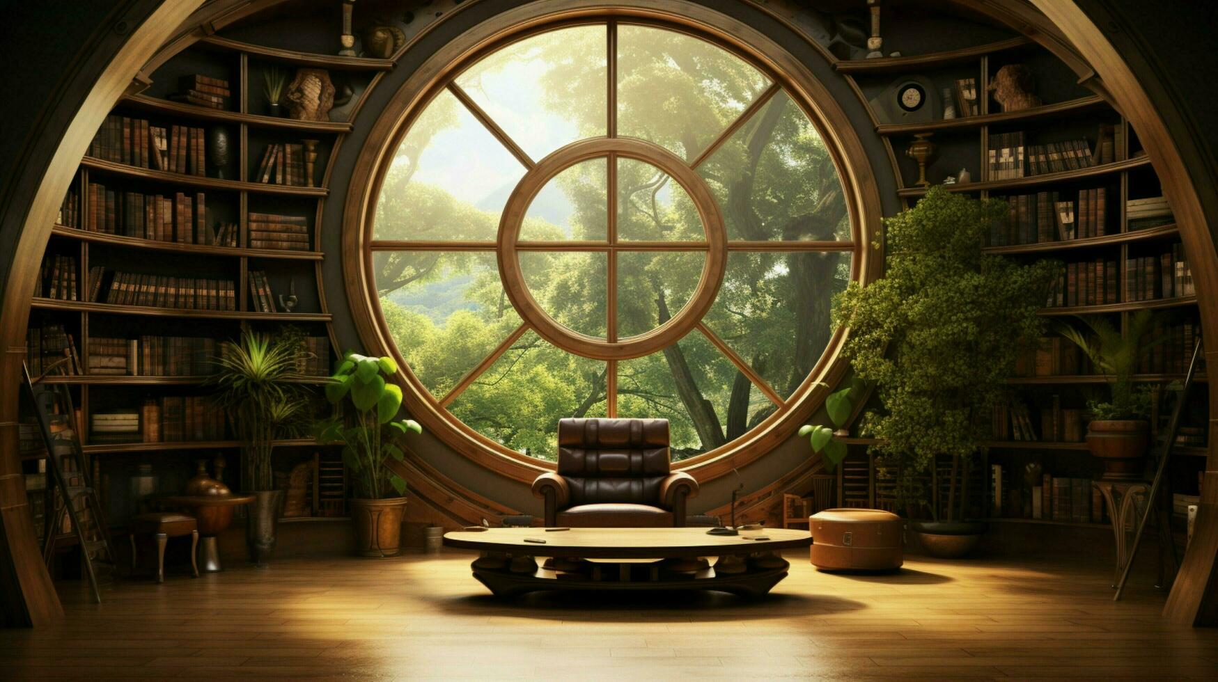 a library with a round window and a bookcase 32933071 Stock Photo at ...