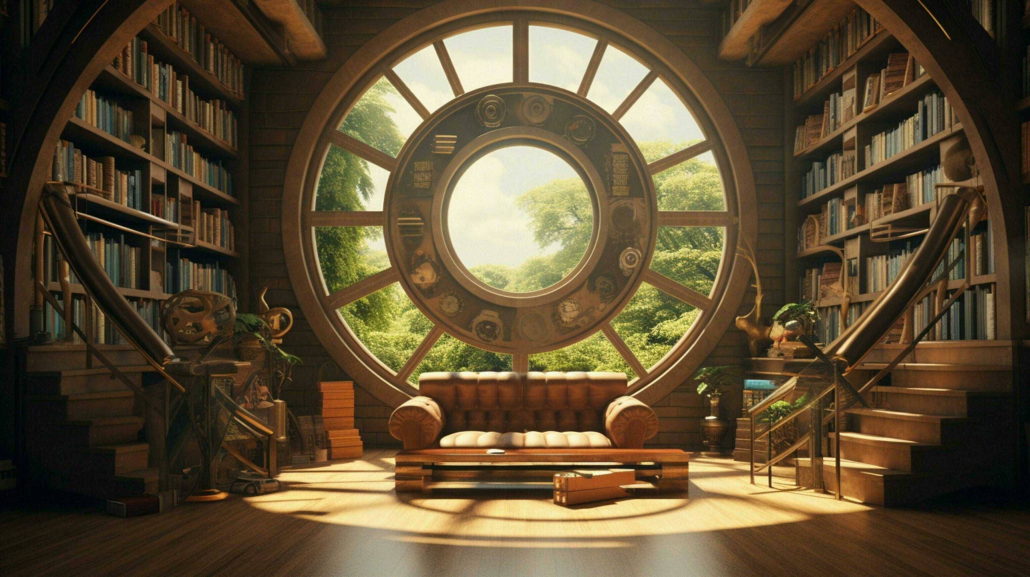 a library with a round window and a bookcase 32933073 Stock Photo at ...