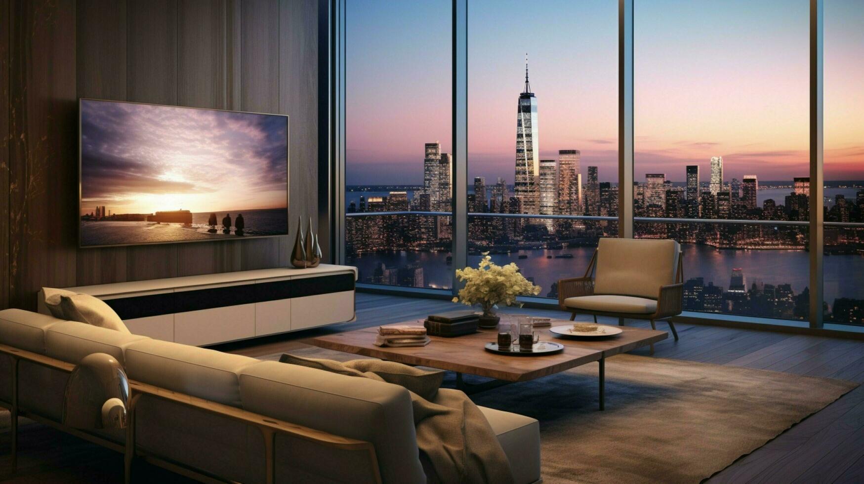 a living room with a large tv and a large window photo