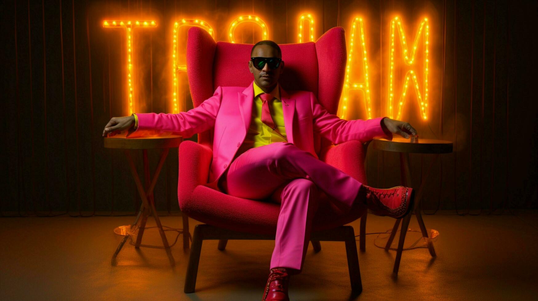 a man in a neon suit sits in a chair with a neon sign photo