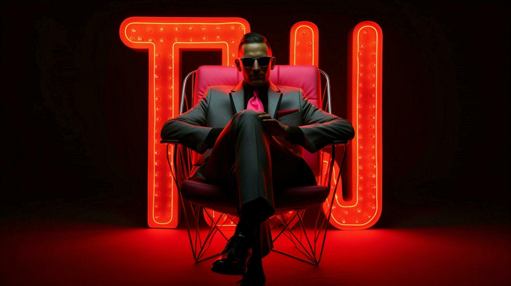 a man in a neon suit sits in a chair with a neon sign photo