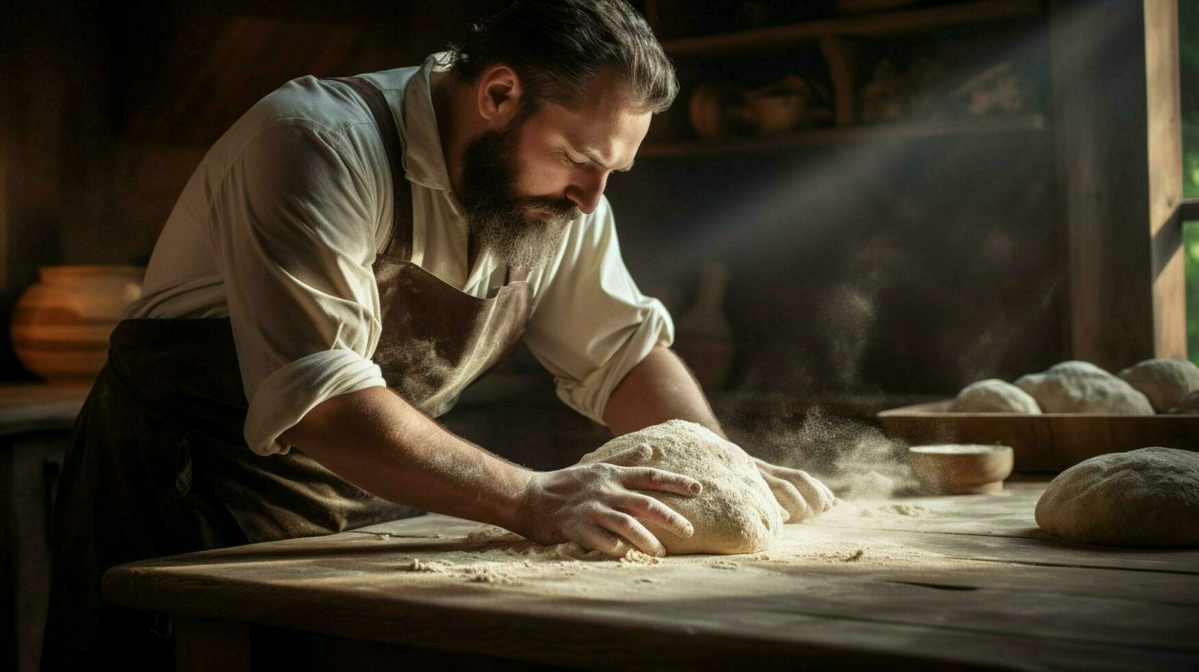 a man kneading dough on a wooden table preparing homemade photo
