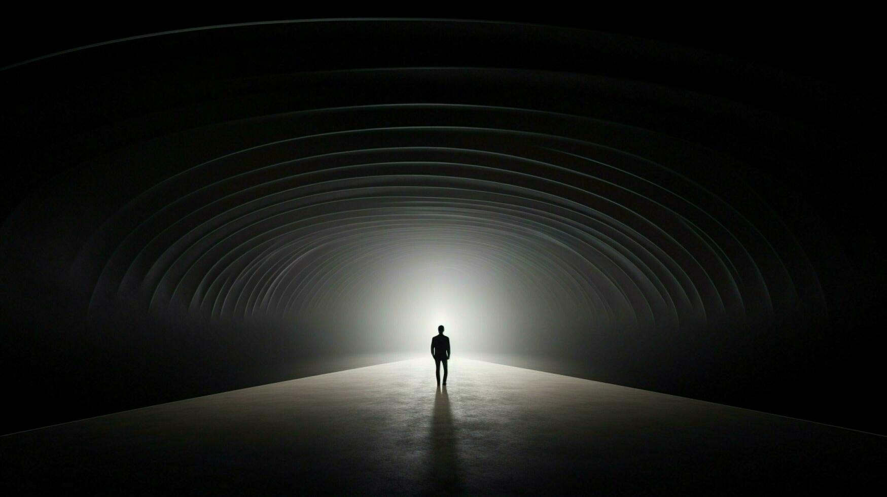 a man walks through a tunnel with a light on the ceiling photo