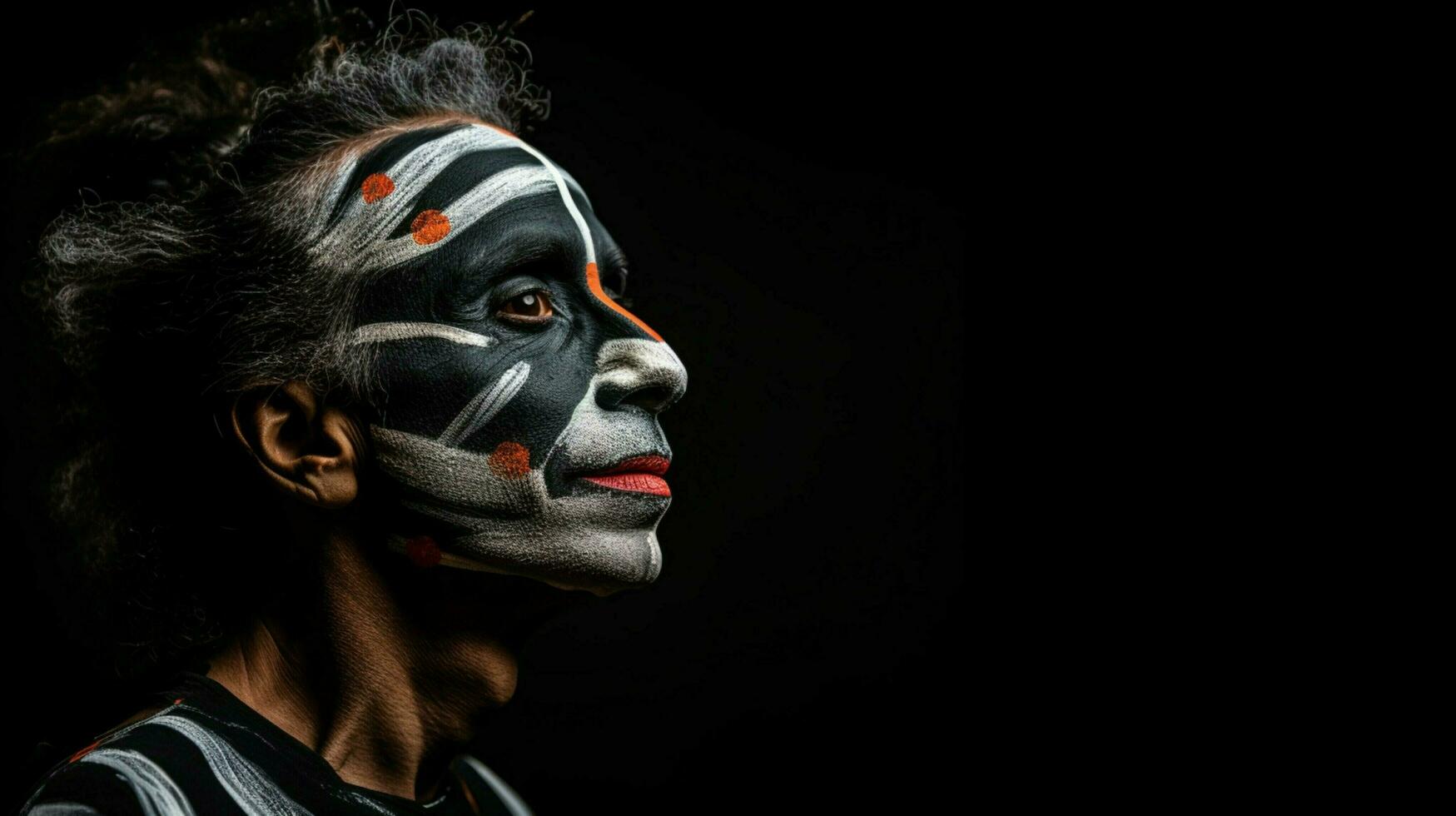 a man with a painted face and a black background photo