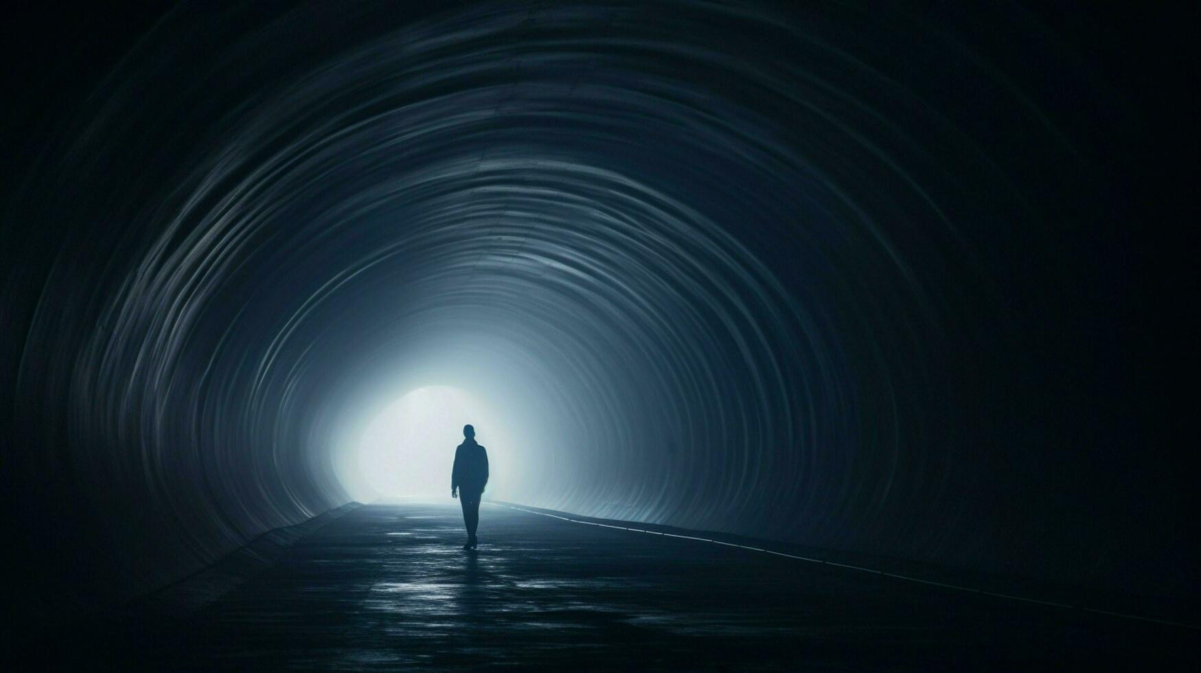 a man walks through a tunnel with a light on the ceiling photo