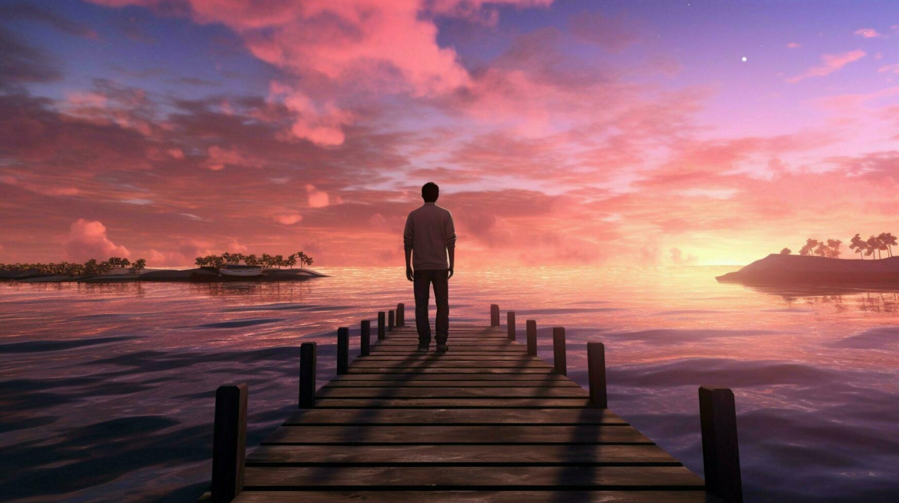 a man stands on a dock at sunset with a pink sky photo