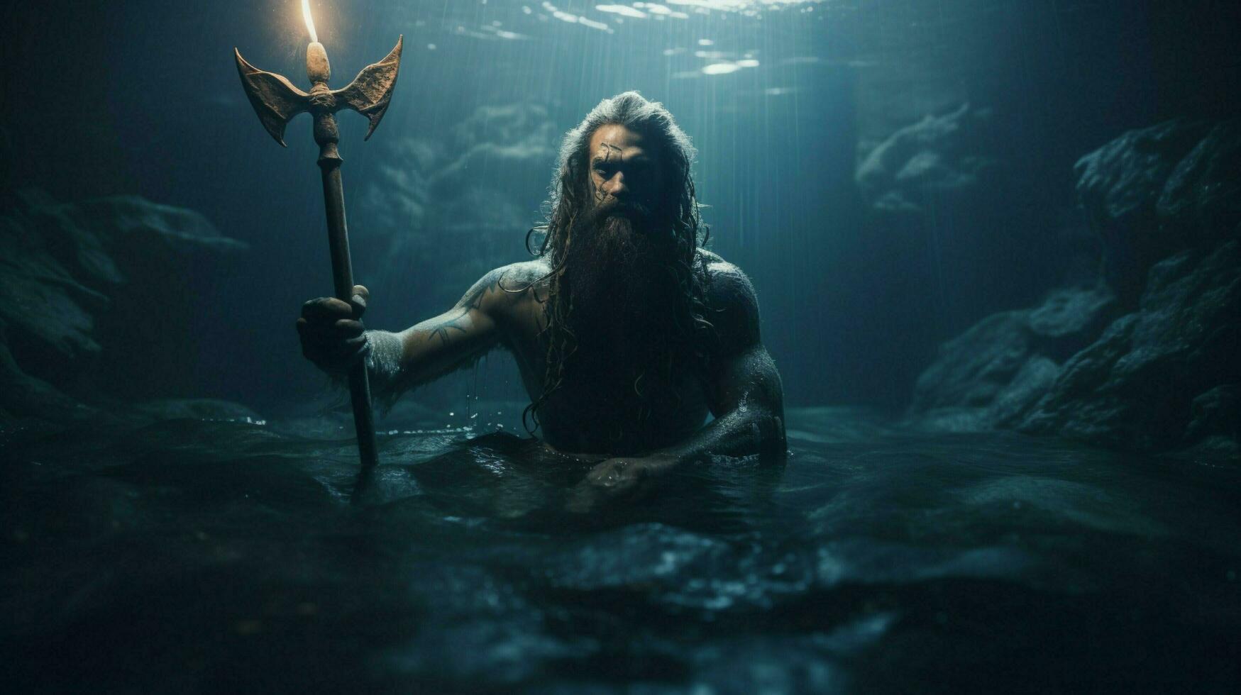 a man with a trident in the water photo