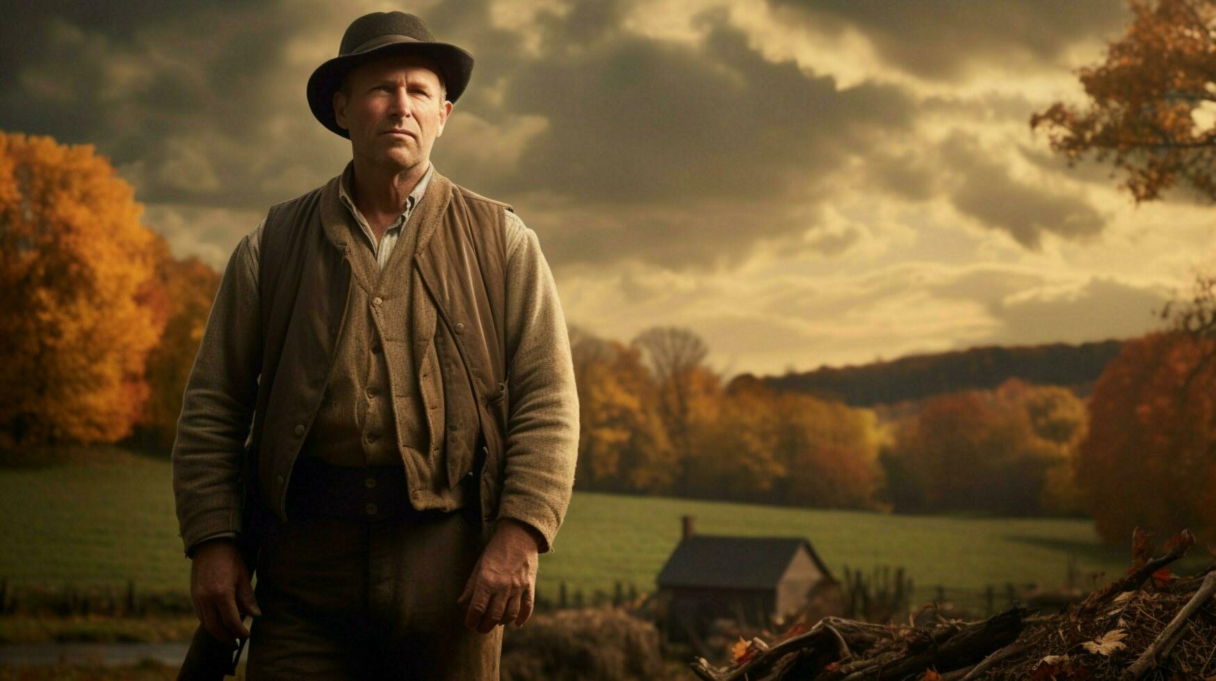 a mature farmer stands alone embracing the tranquil autum photo