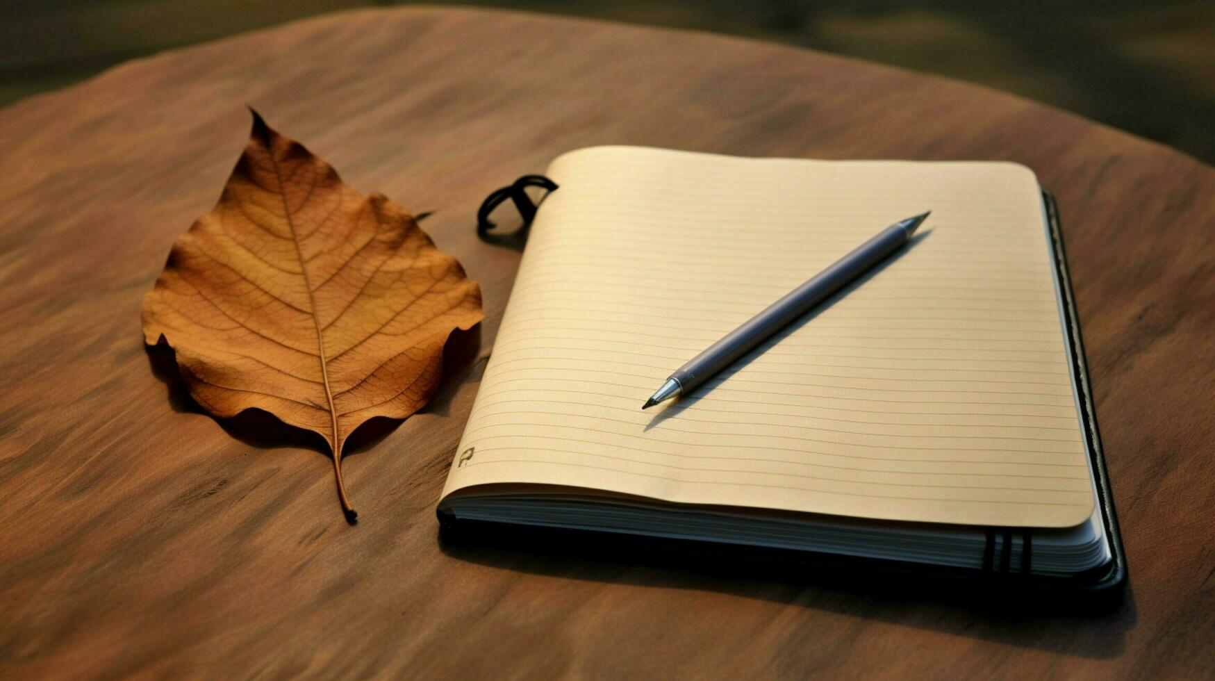 a notebook with a leaf on it and a pencil on the left side photo