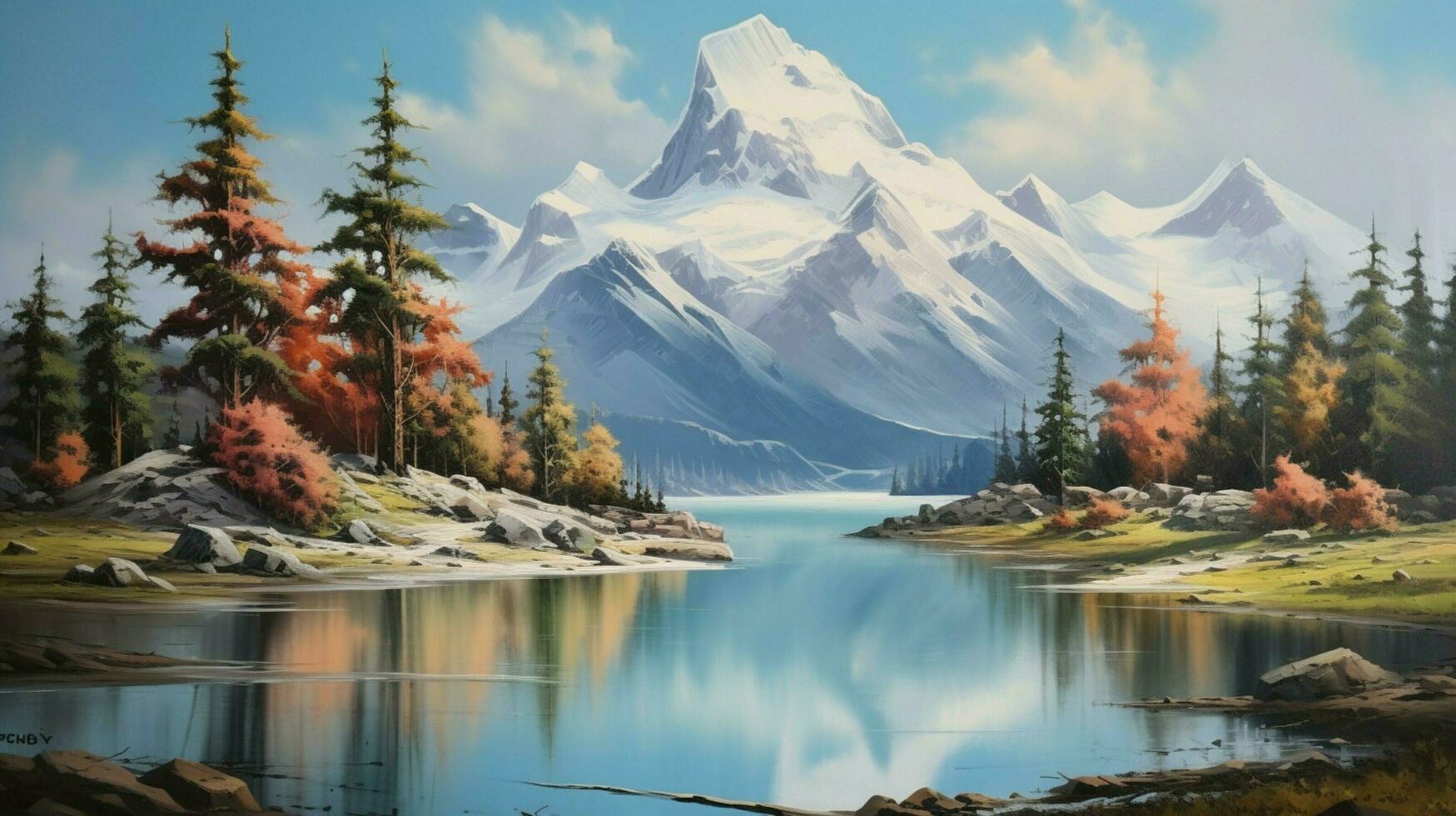 a painting of a mountain lake with a mountain in the back photo