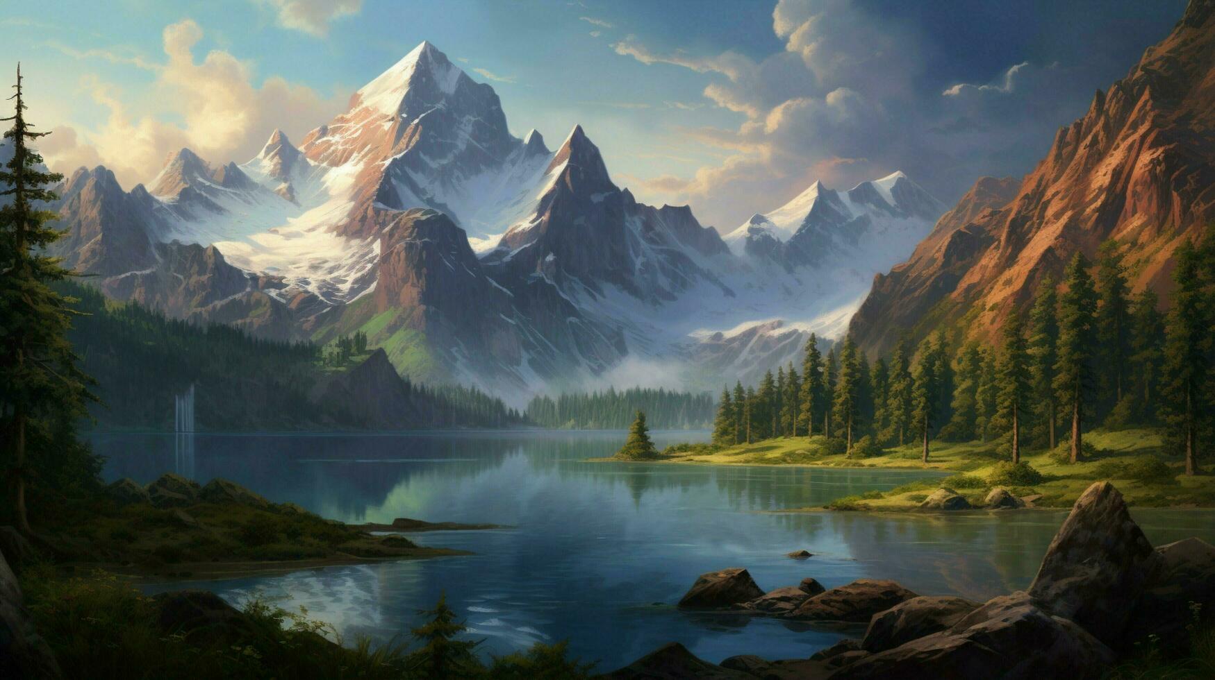 a painting of a mountain lake with a mountain in the back photo
