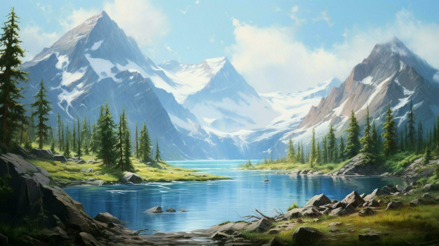 a painting of a mountain lake with a mountain in the back photo