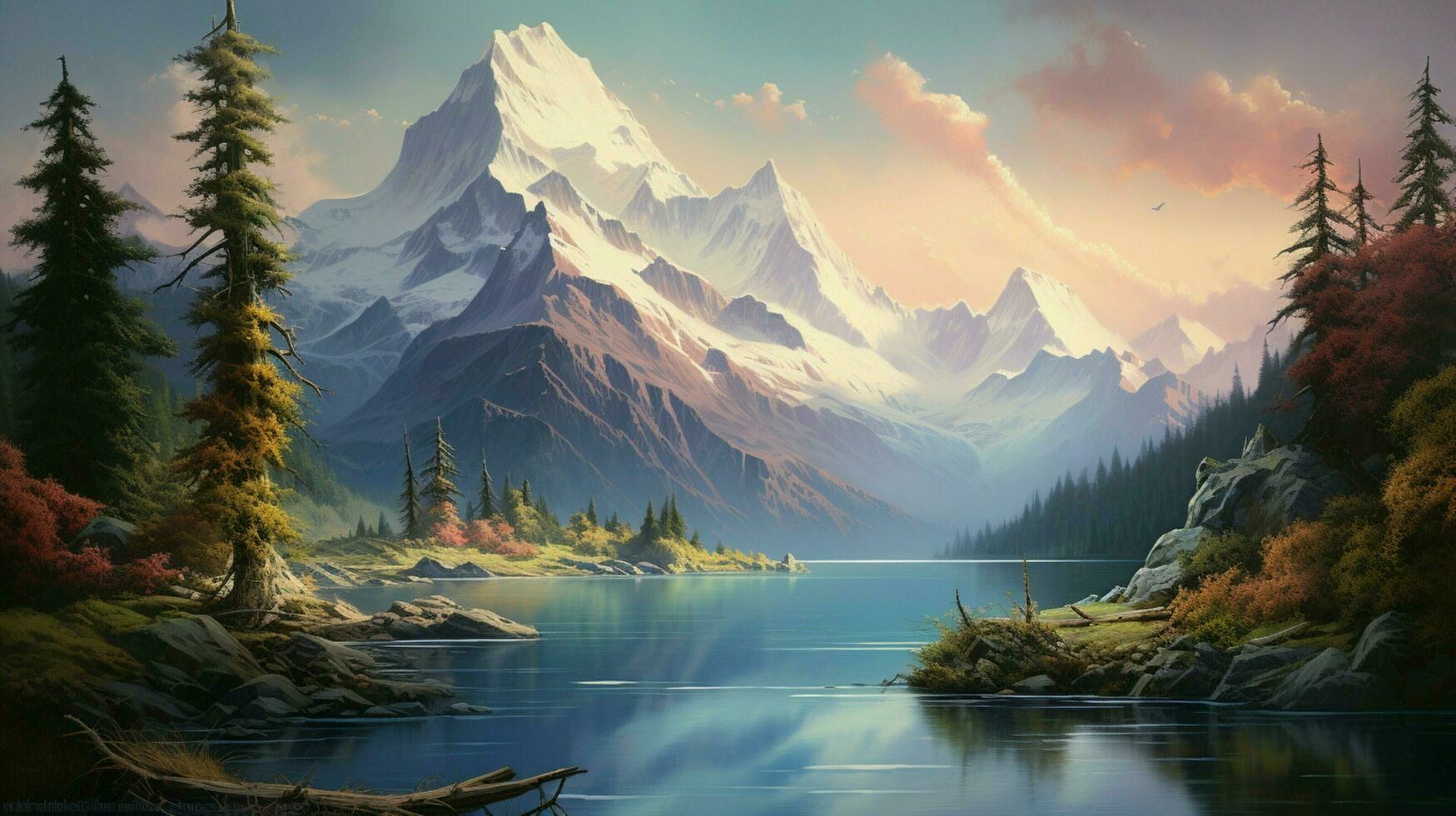 a painting of a mountain lake with a mountain in the back photo