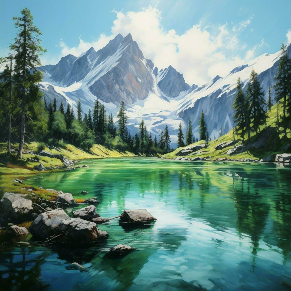 a painting of a mountain lake with a mountain in the back photo