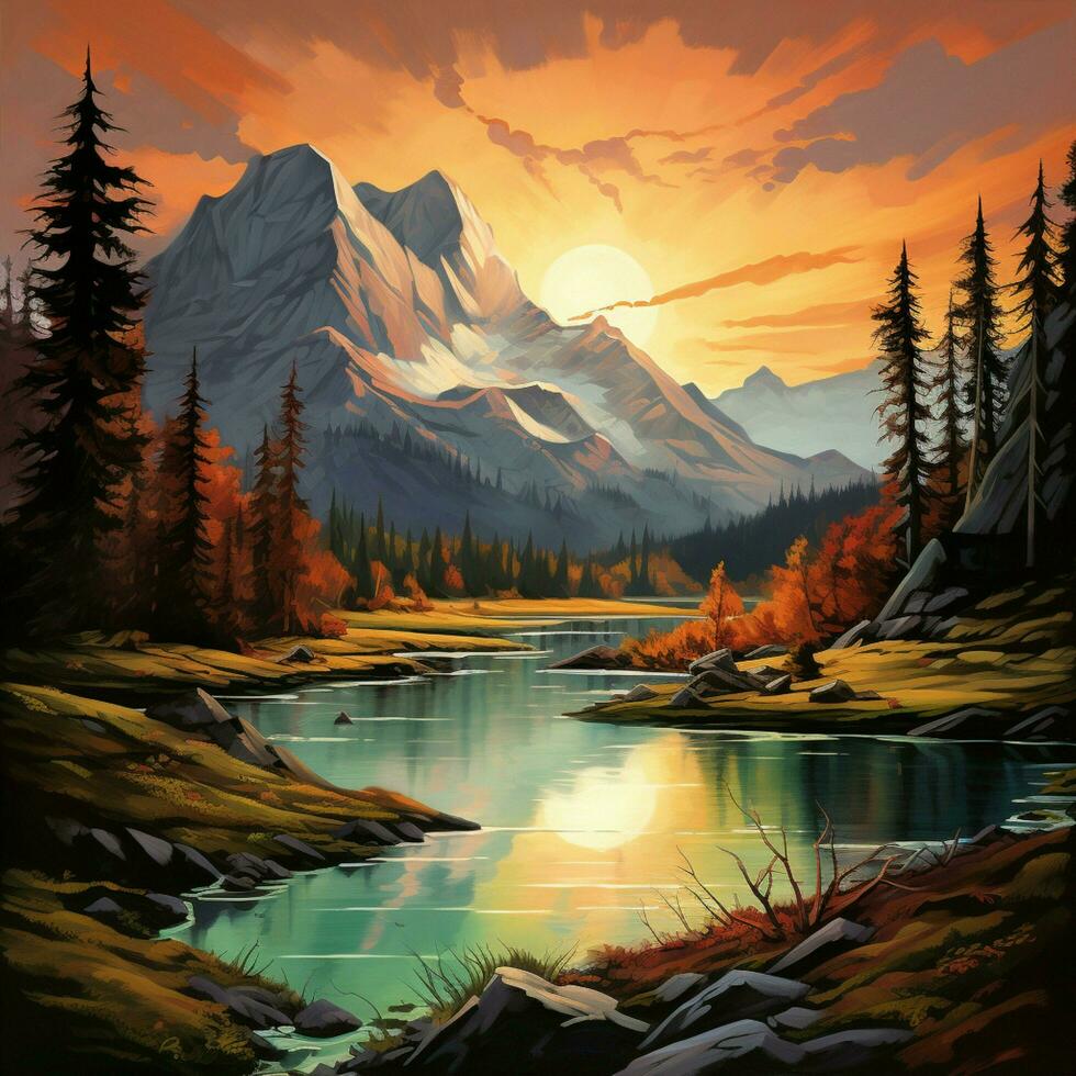 a painting of a mountain lake with a mountain in the back photo