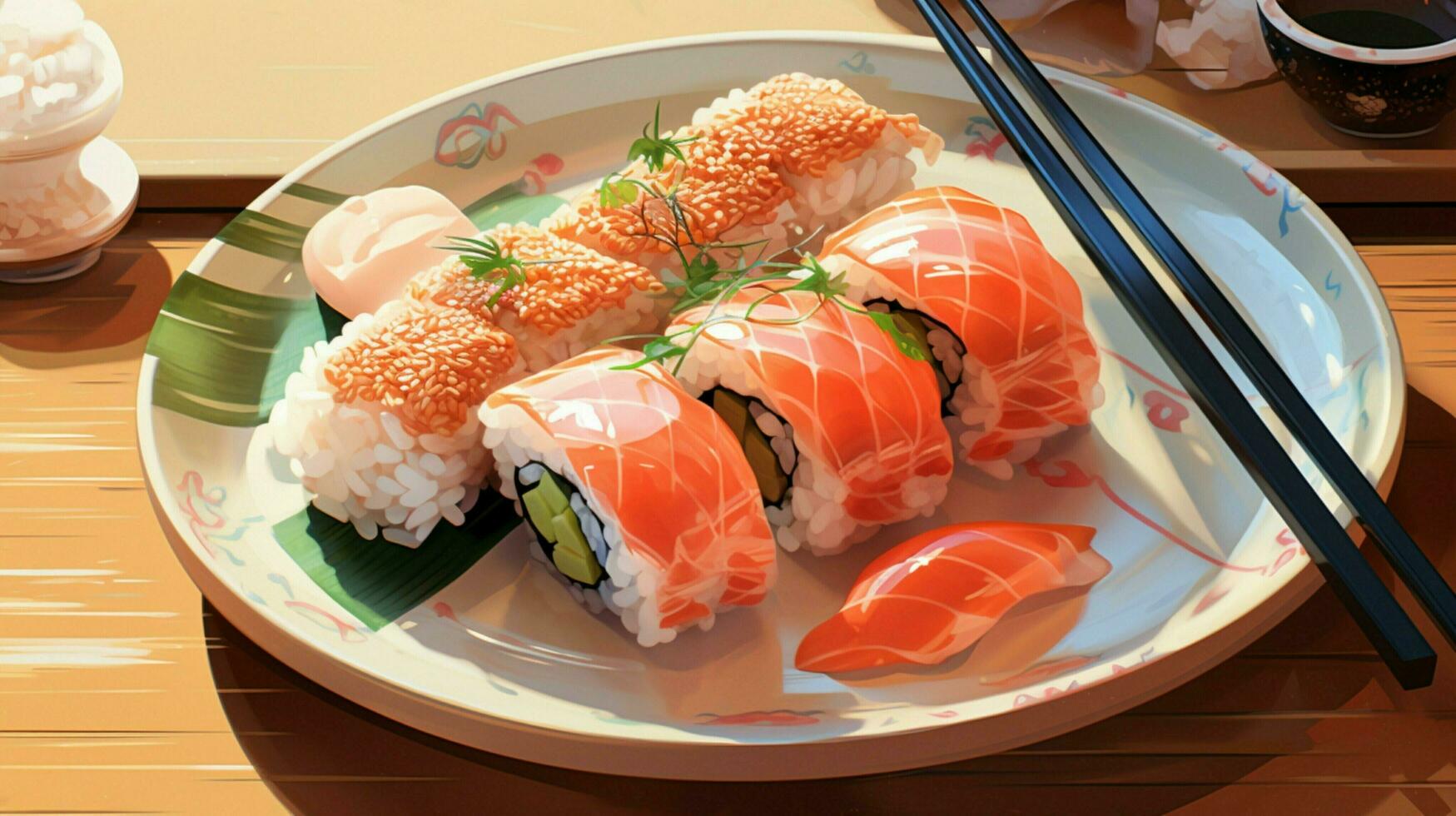 un pintura de Sushi y un plato con un imagen de un pescado foto