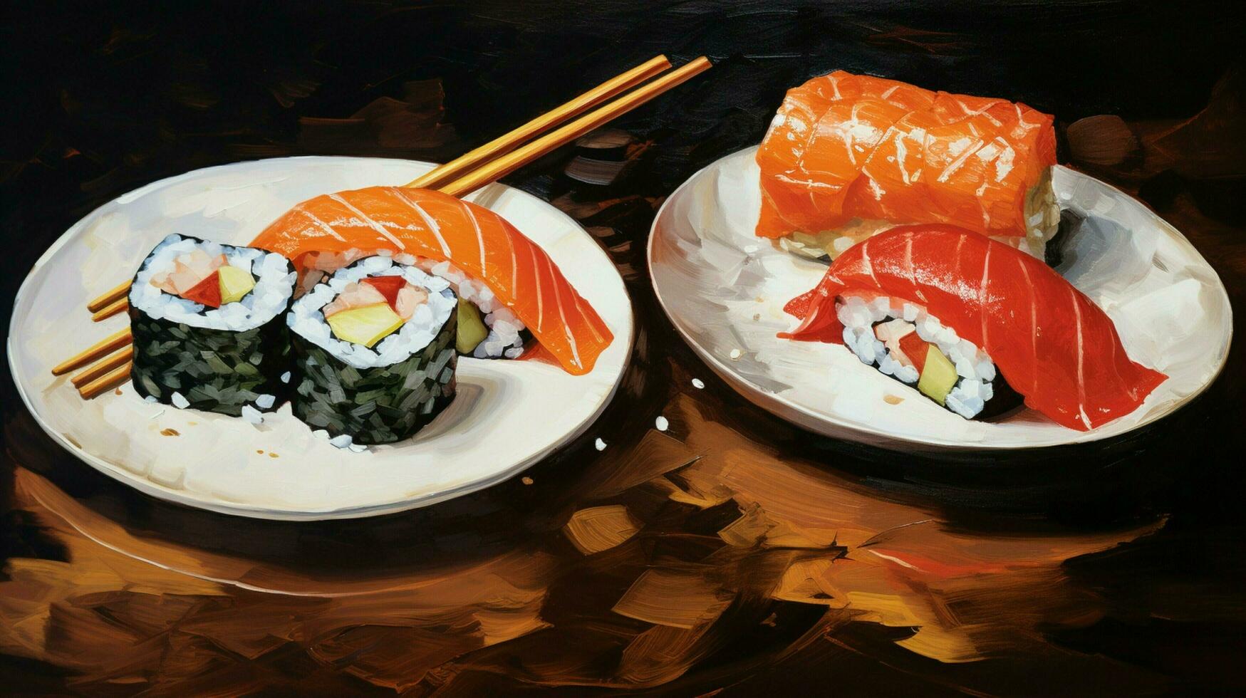 a painting of sushi and a plate with a picture of a fish photo