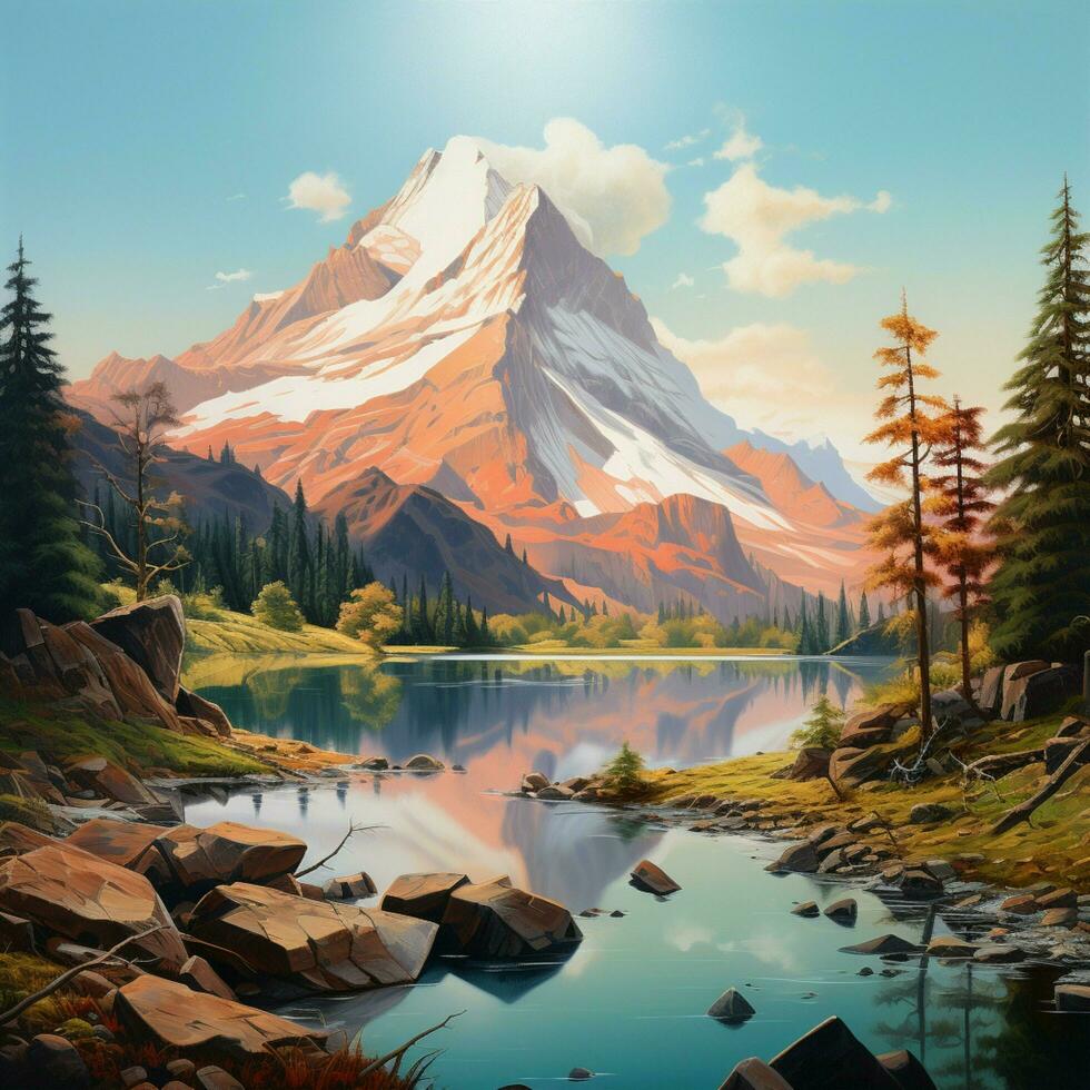 a painting of a mountain lake with a mountain in the back photo
