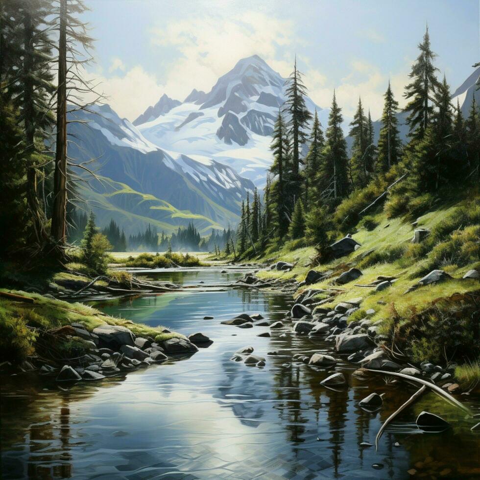 a painting of a mountain lake with a mountain in the back photo